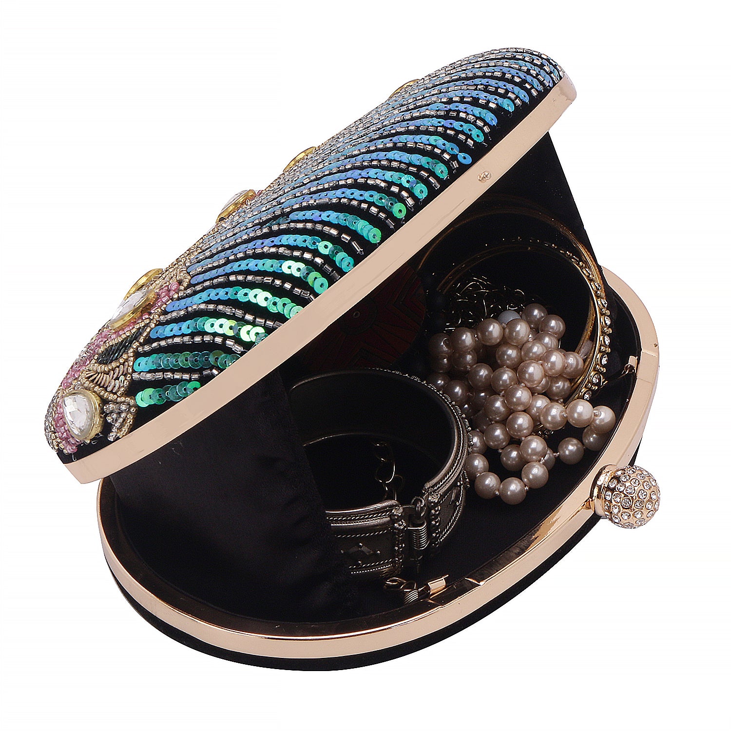 Reflected sequins oval embroidery clutch