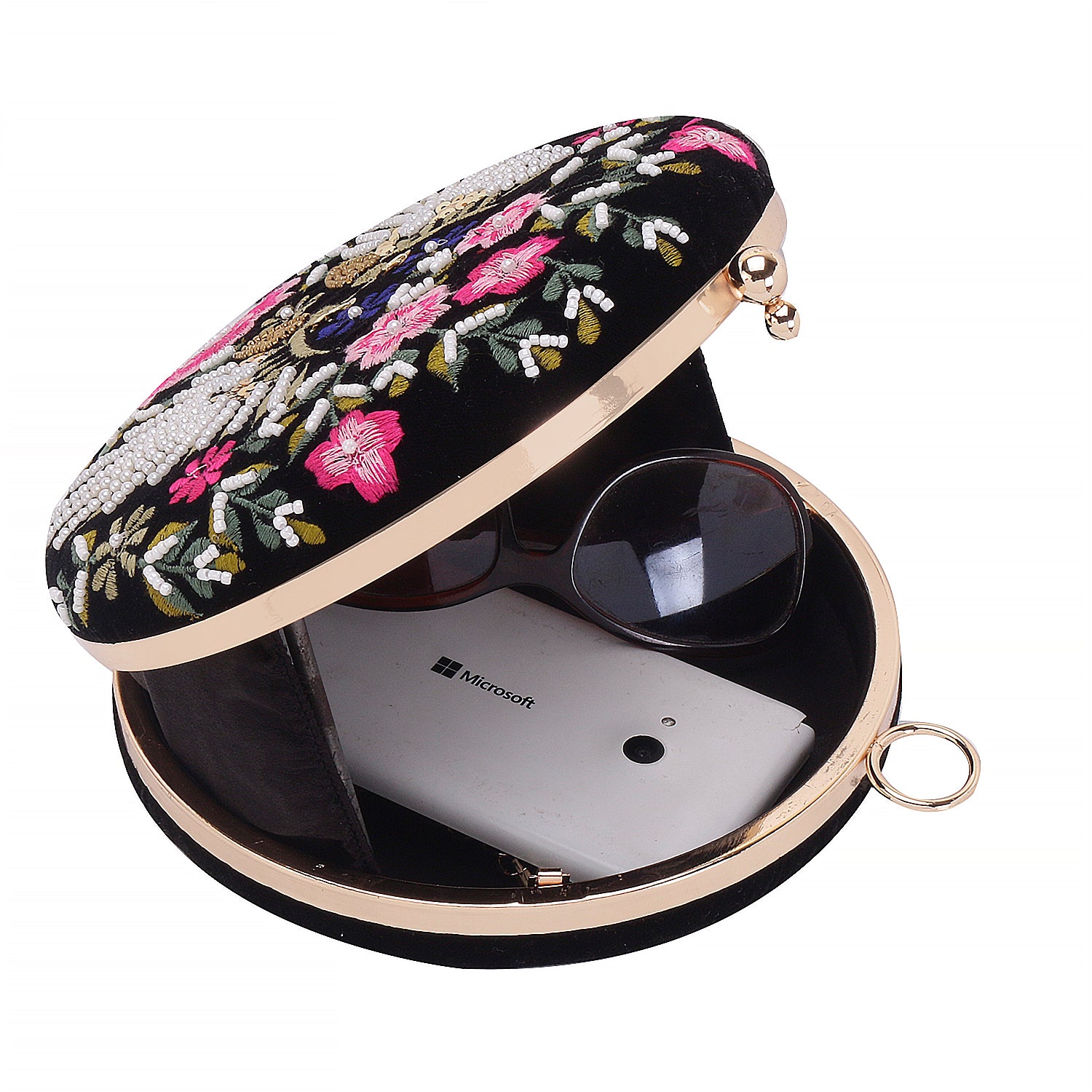 sparrow design embroidery round clutch
