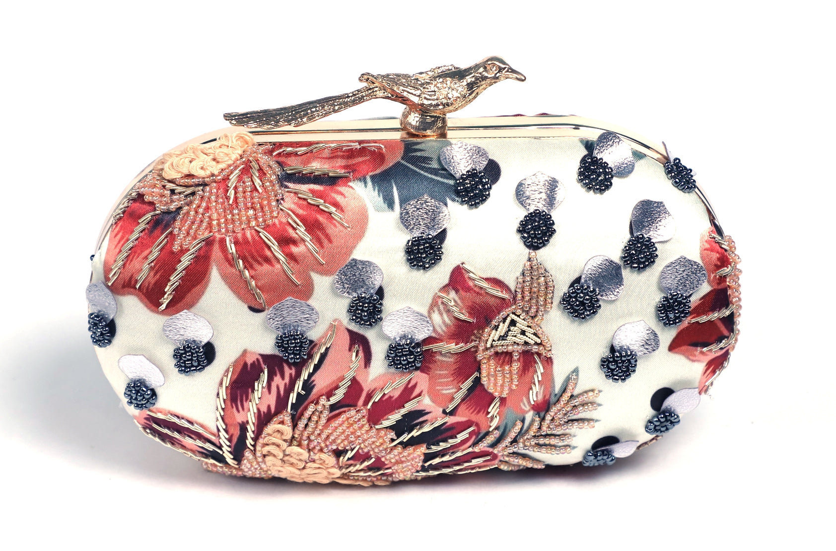 Bird lock printed embroidered clutch bag