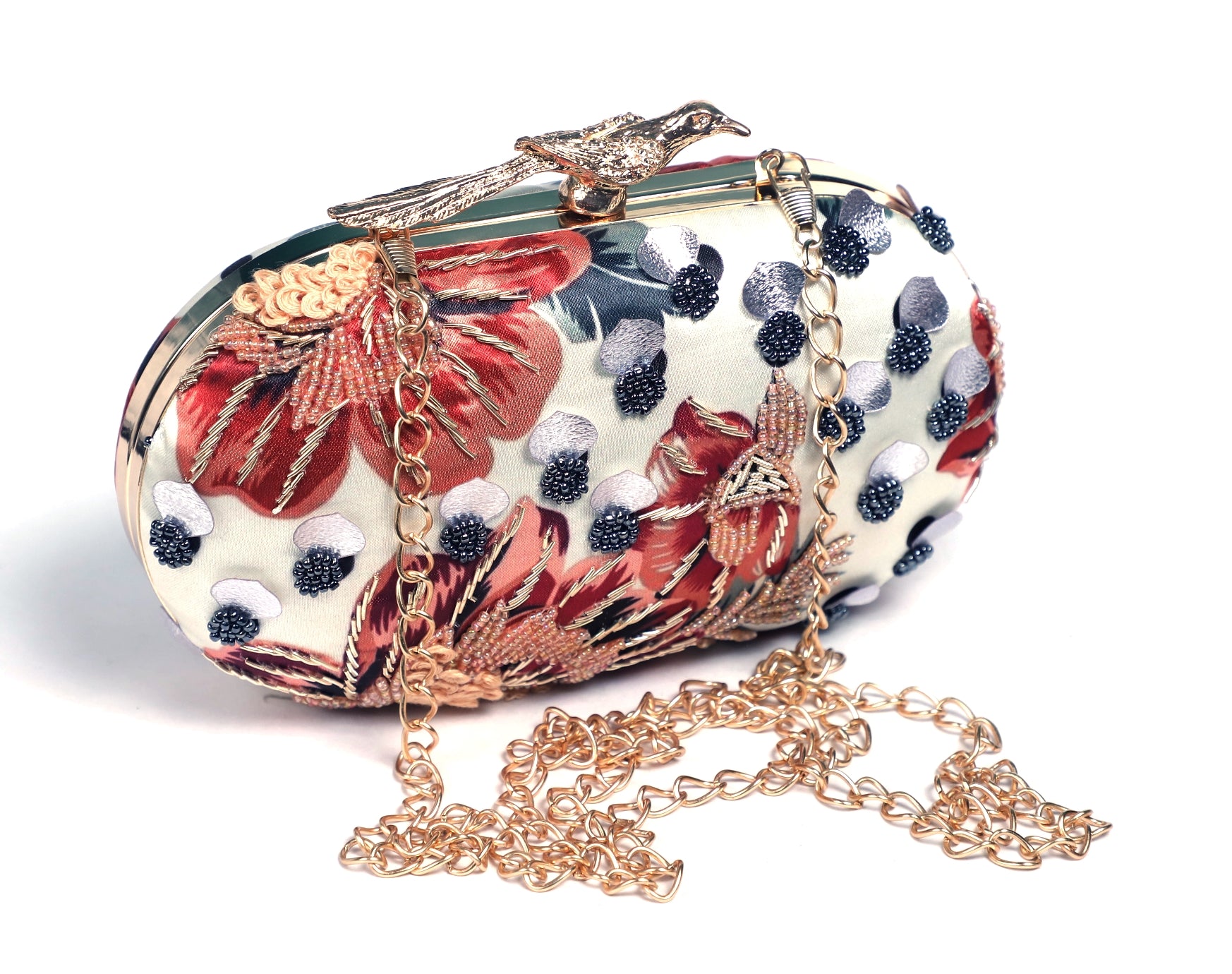 Bird lock printed embroidered clutch bag