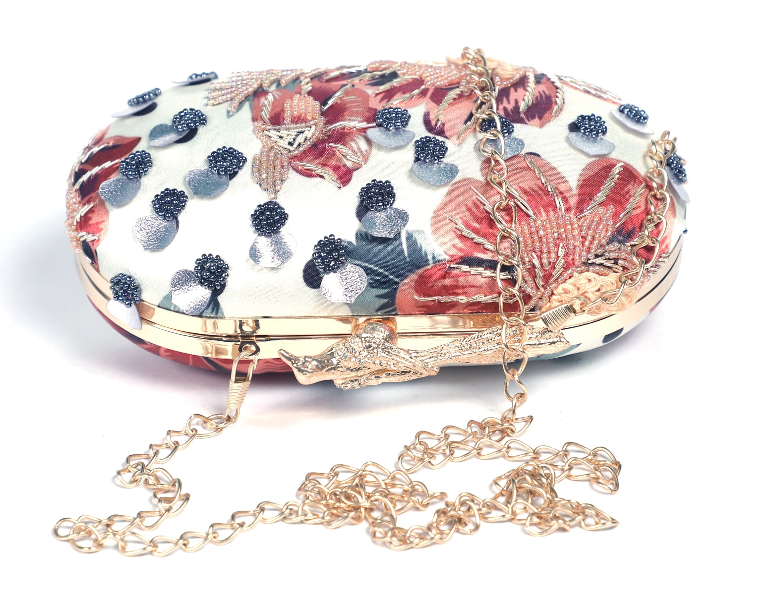 Bird lock printed embroidered clutch bag