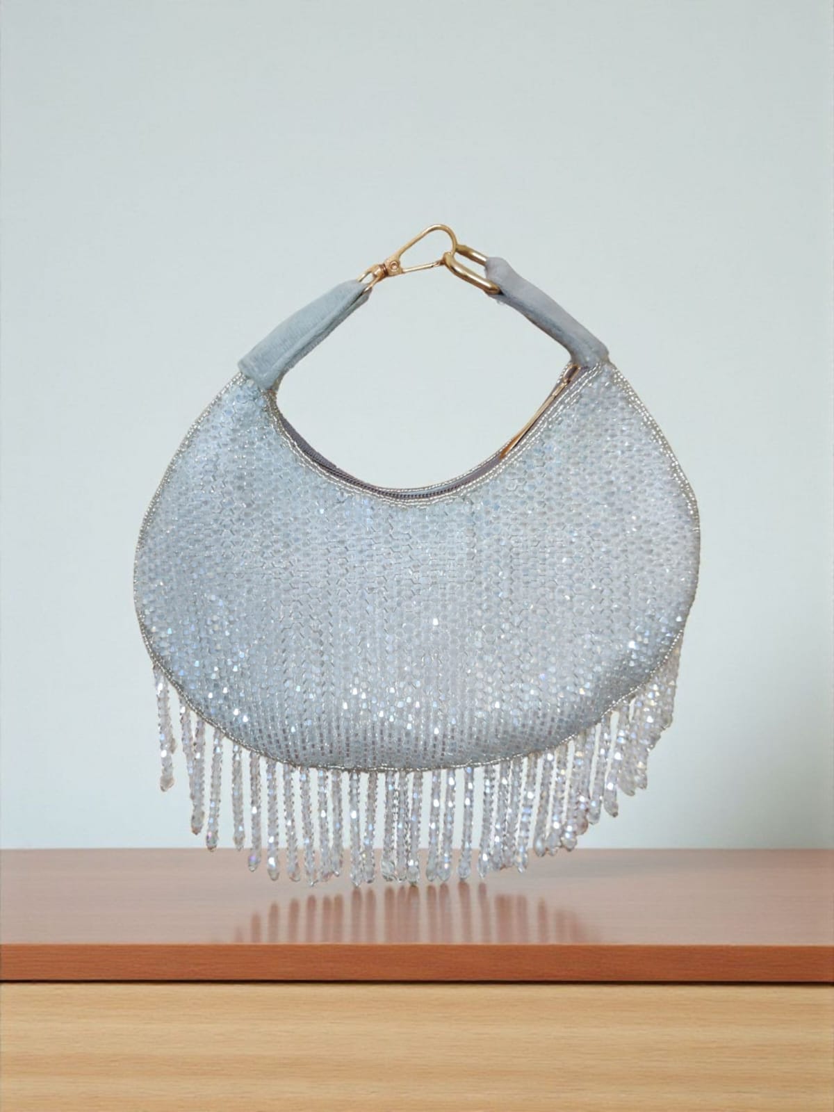 light gray crystal clutch
