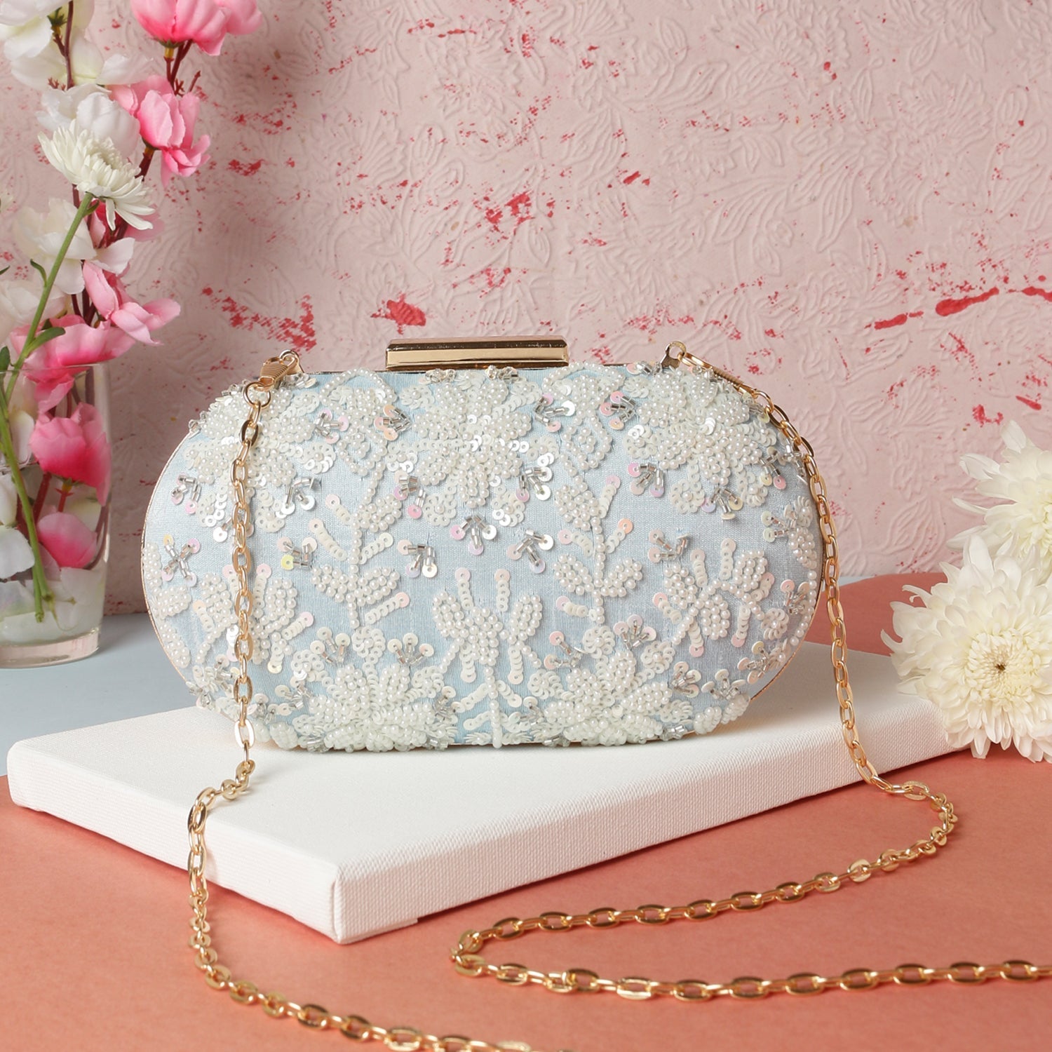 Sky Blue Ovel Clutch For Casual Use