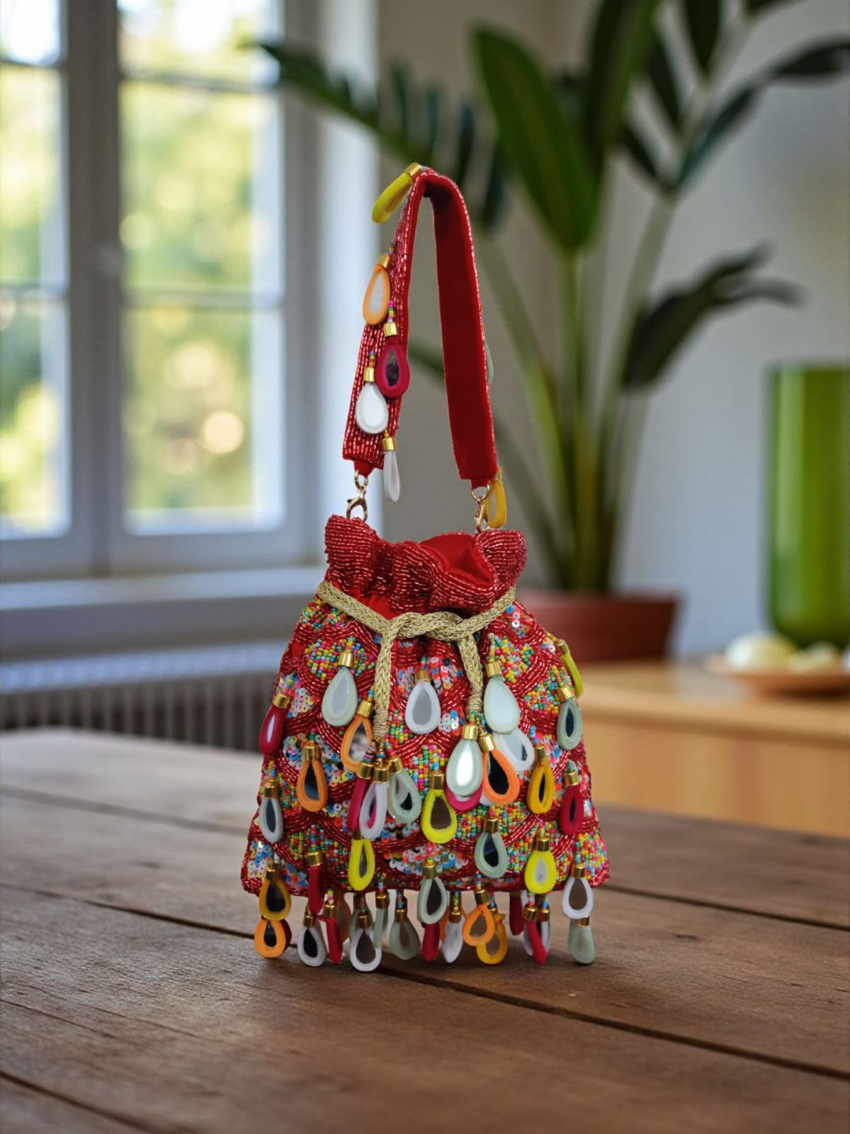 Red Multi Mirror Potli