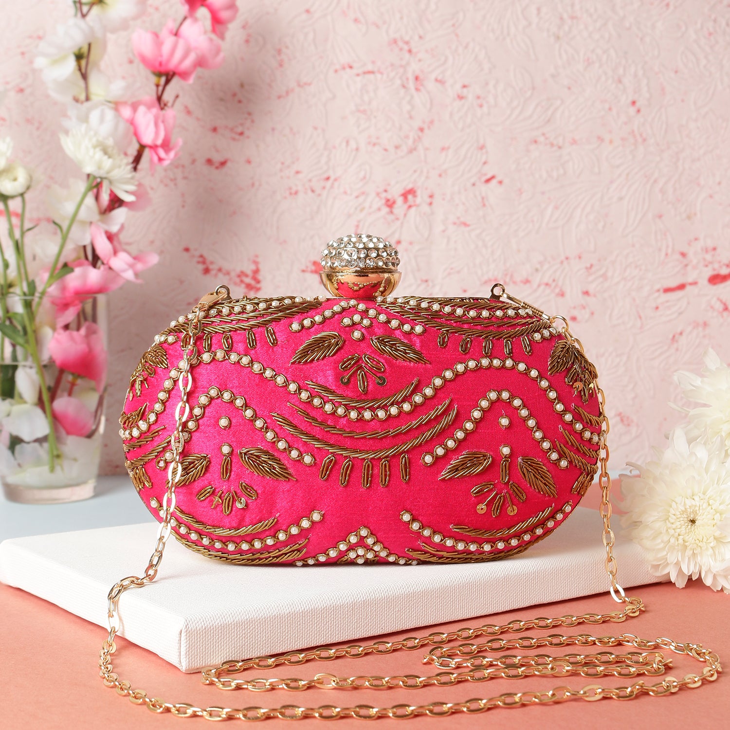 Embroidered Box Clutch For Casual Use