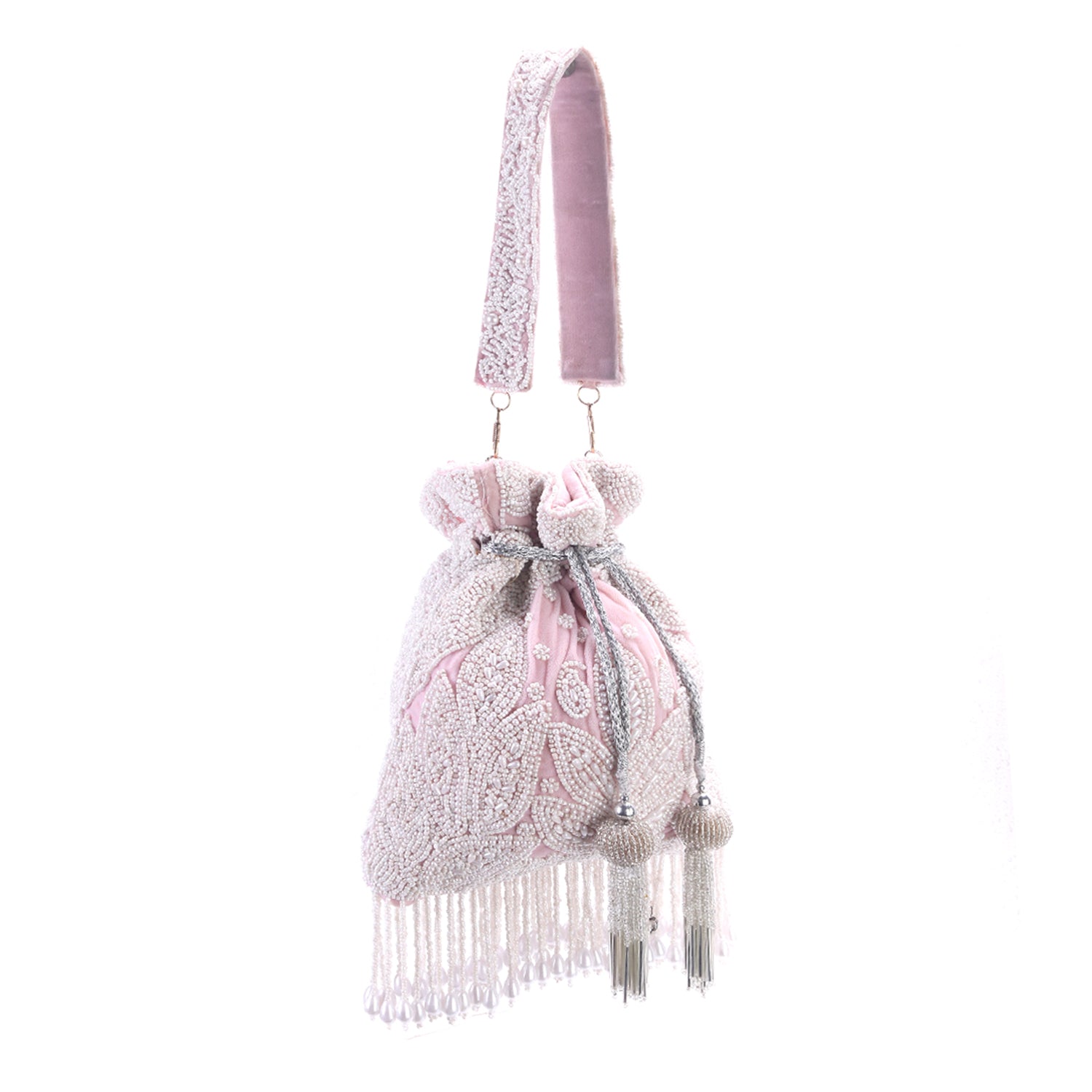 pearl tassel baby pink potli
