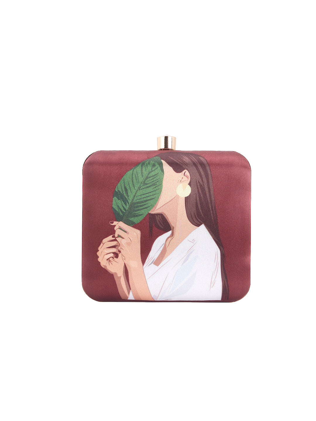 Girl with hide face in leaf designer printed box clutch
