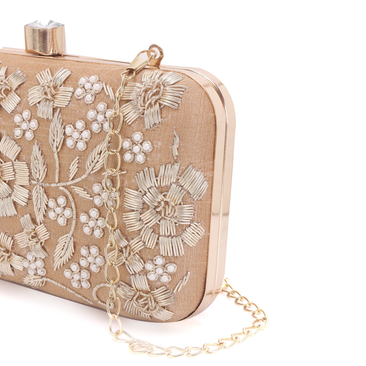 golden handmade embroidery rectungler clutch