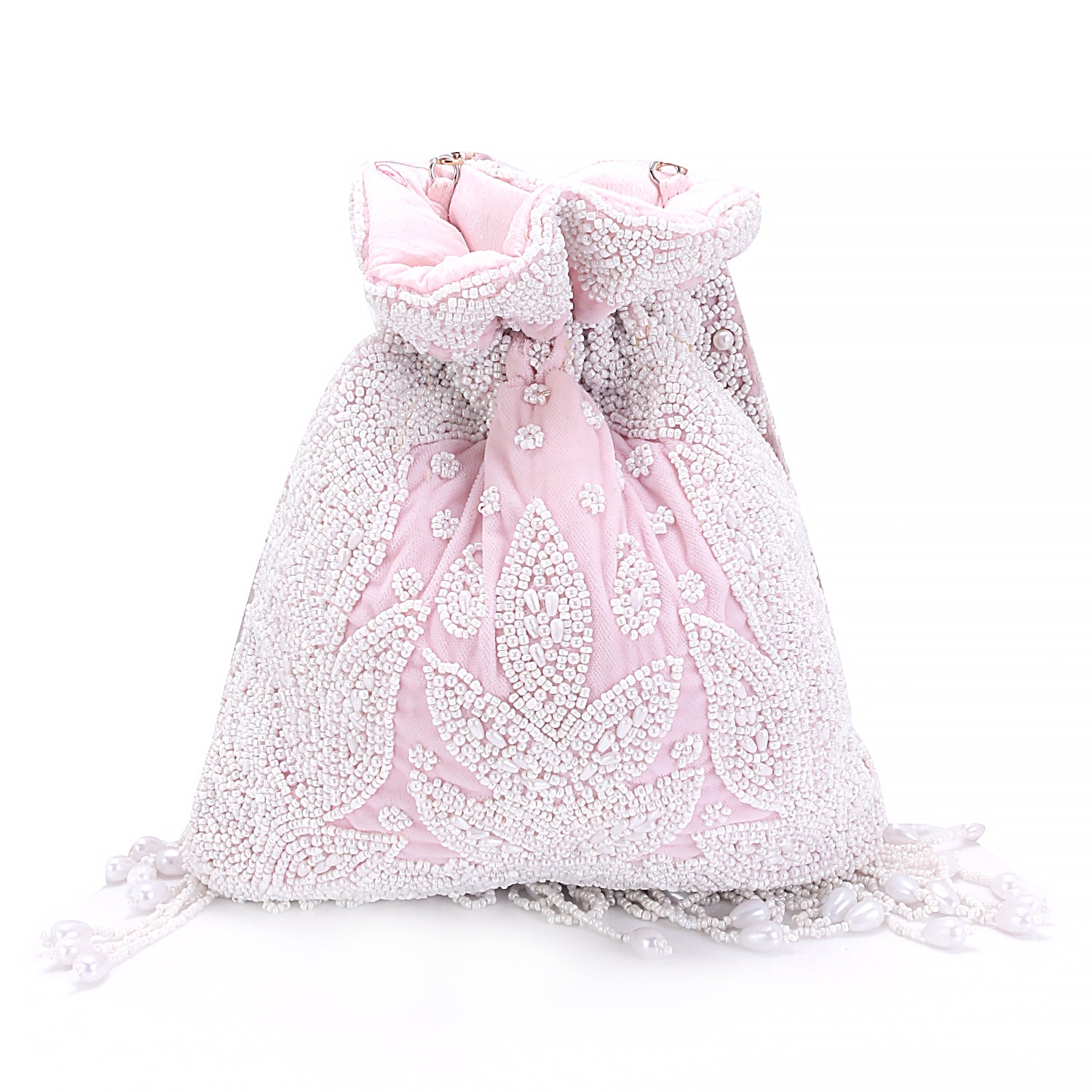 pearl tassel baby pink potli
