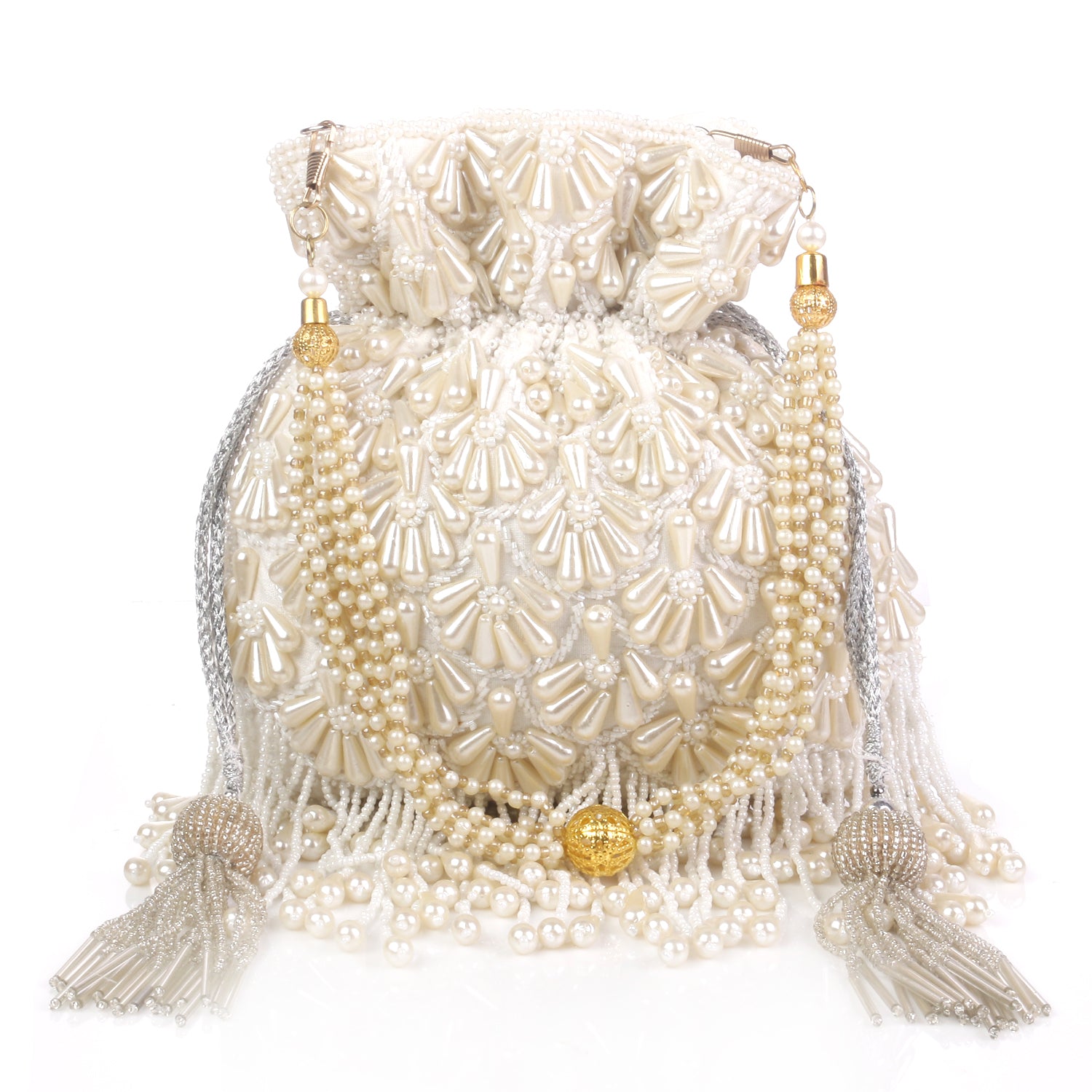White Pearl Allover Embroidered Potli Bag For Wedding Party