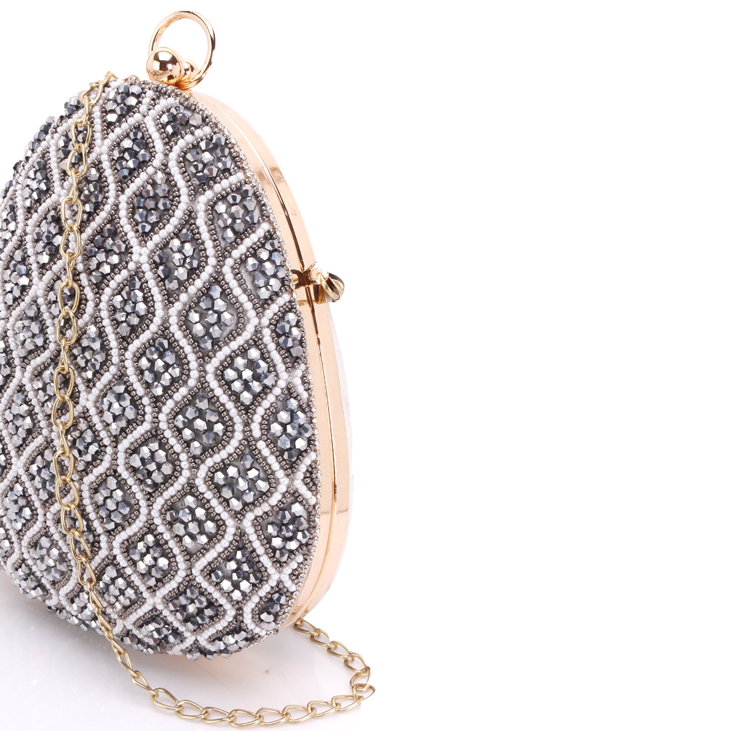 Elegant grey embroidered almond shape clutch