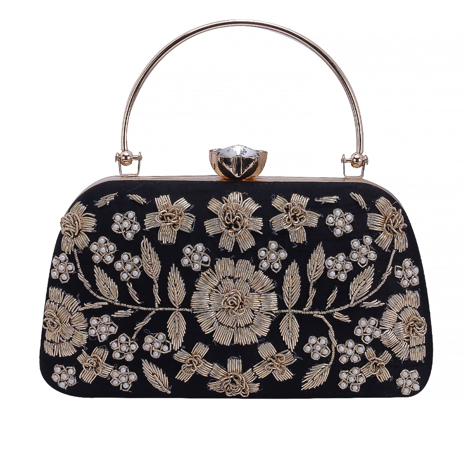 handmade black embroidered handle clutch bag