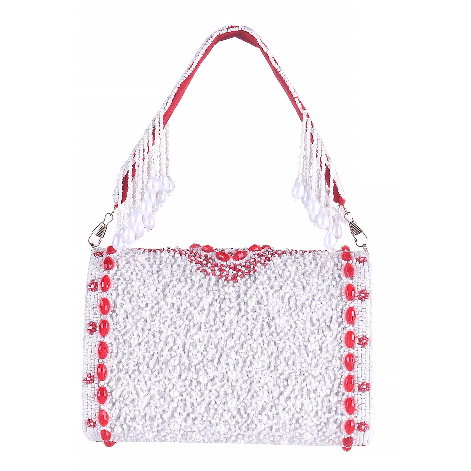 red & white tone embroidered flap clutch