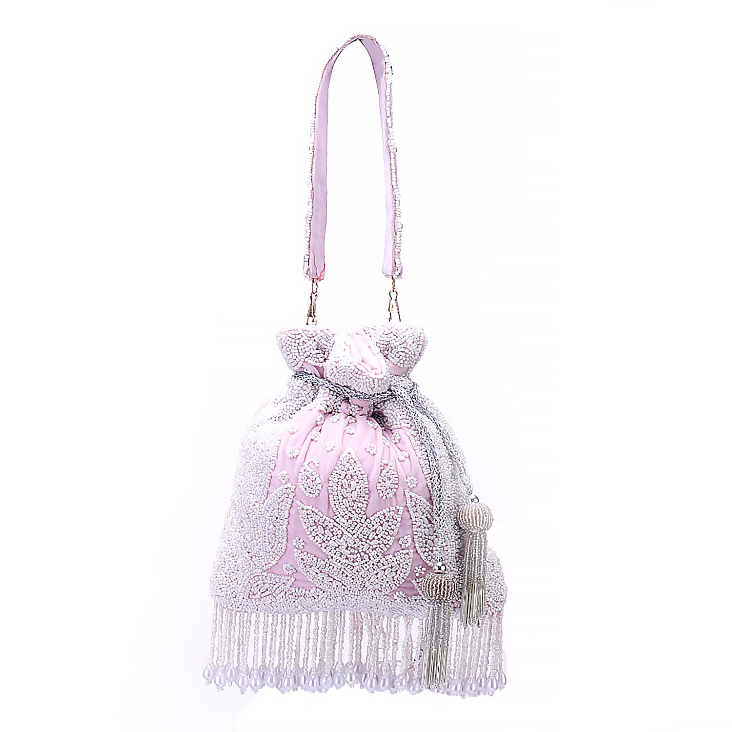 pearl tassel baby pink potli