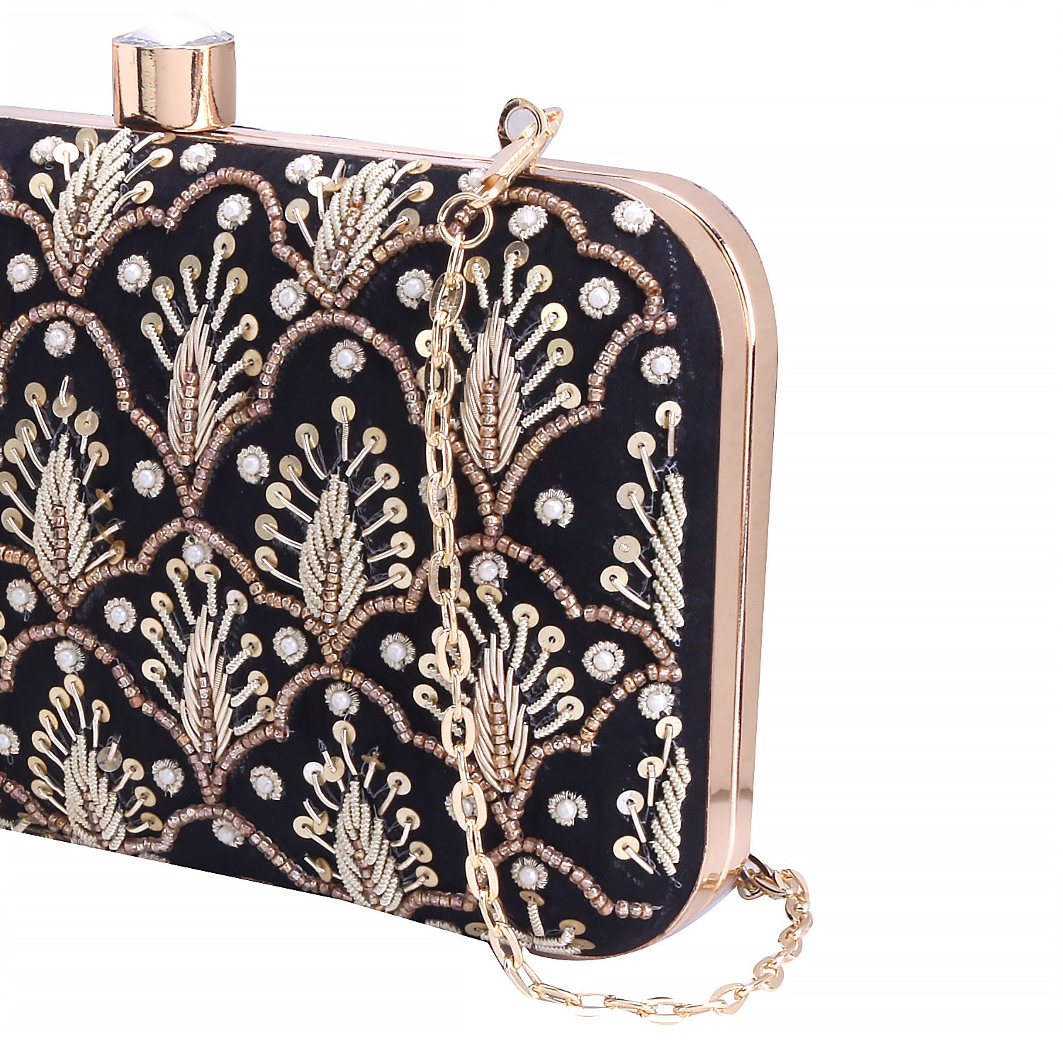 embroidered black clutch