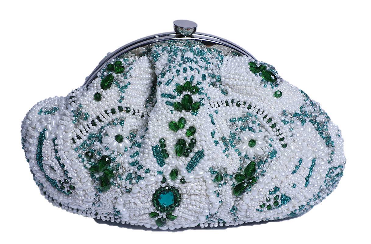 Swisni Heavily Green Crystal Work Hand Held Clutch Bag for Women & Girls