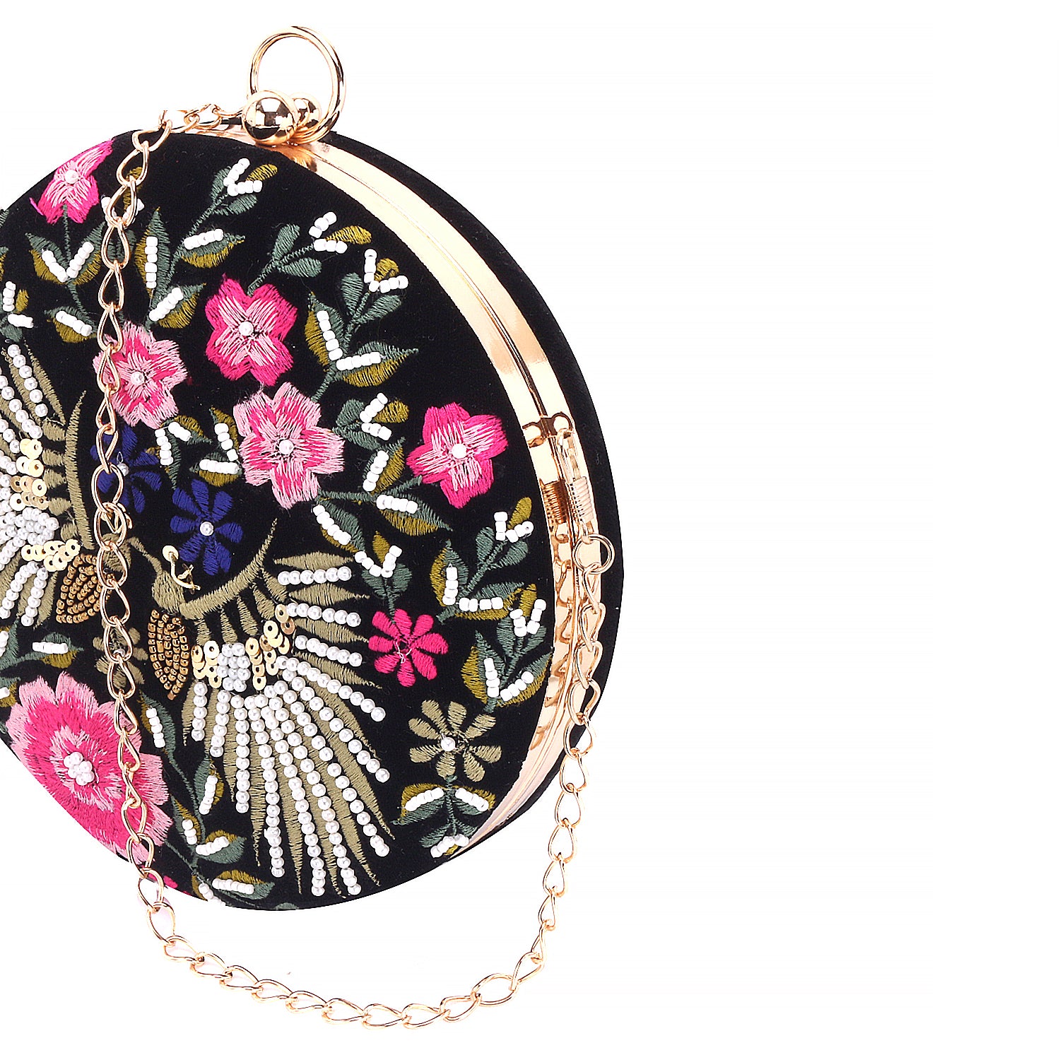 sparrow design embroidery round clutch
