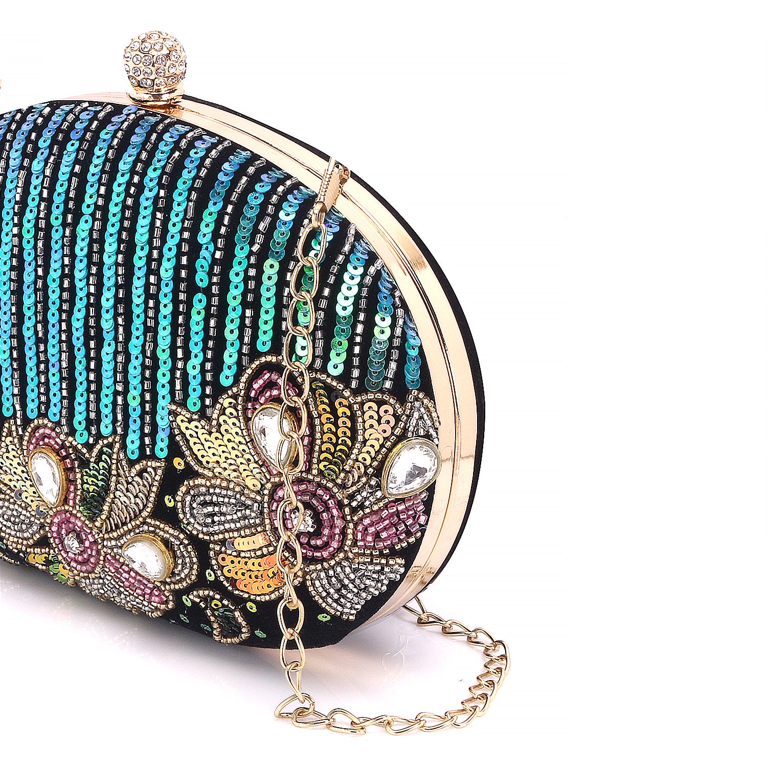 Reflected sequins oval embroidery clutch
