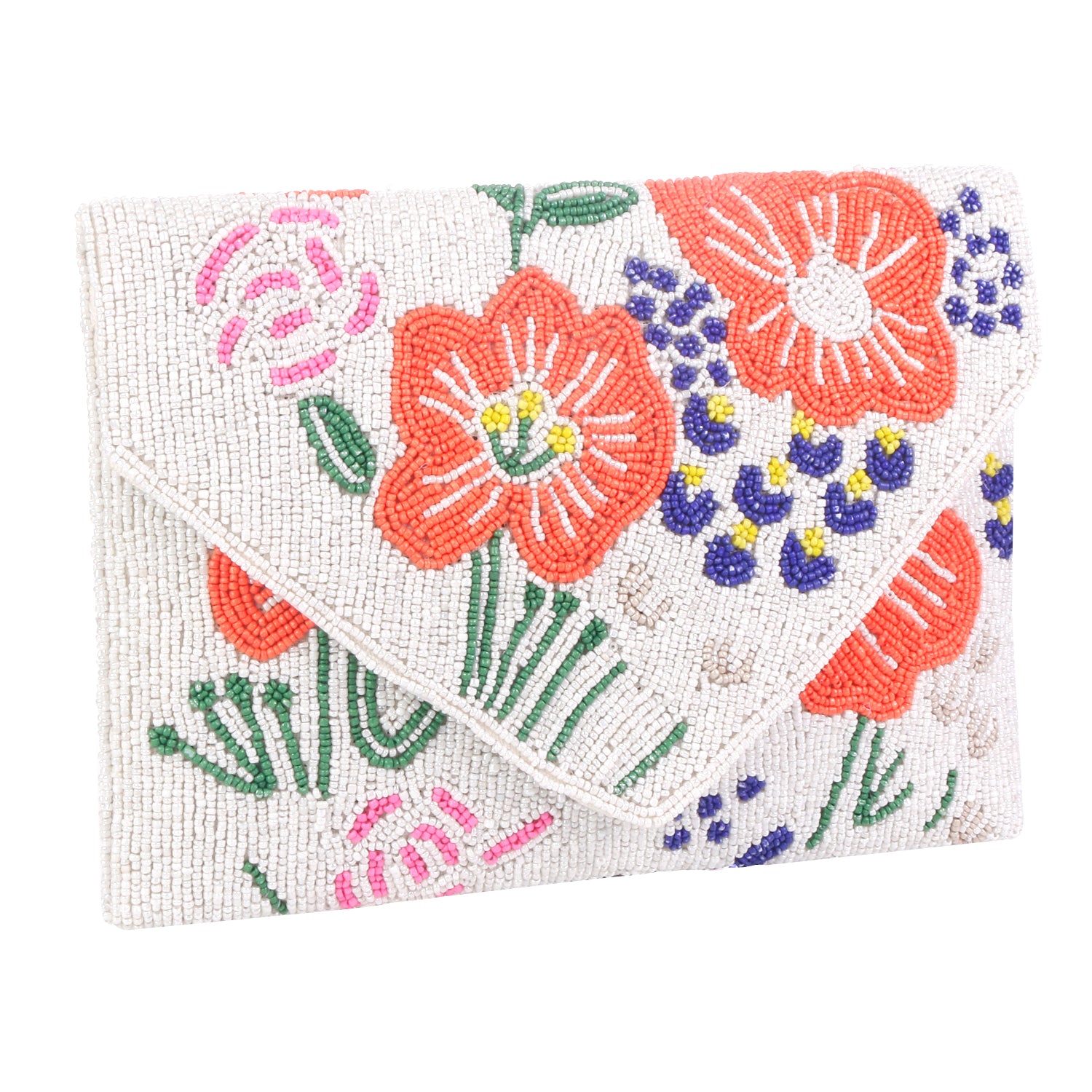 Handmade White And Orange Flower Beaded Boho Bag