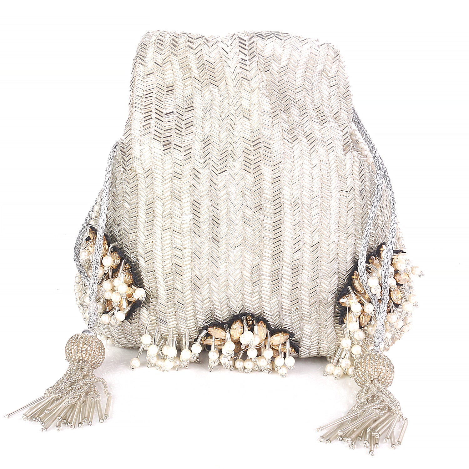 Elegant Silver With Flower Design Embellishment Potli