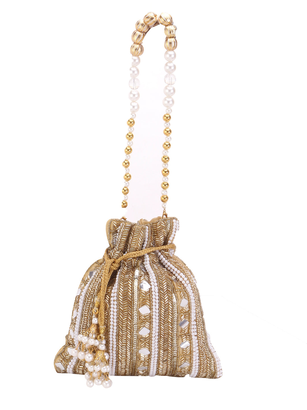 Golden mirror embroidered double side potli bag for bride