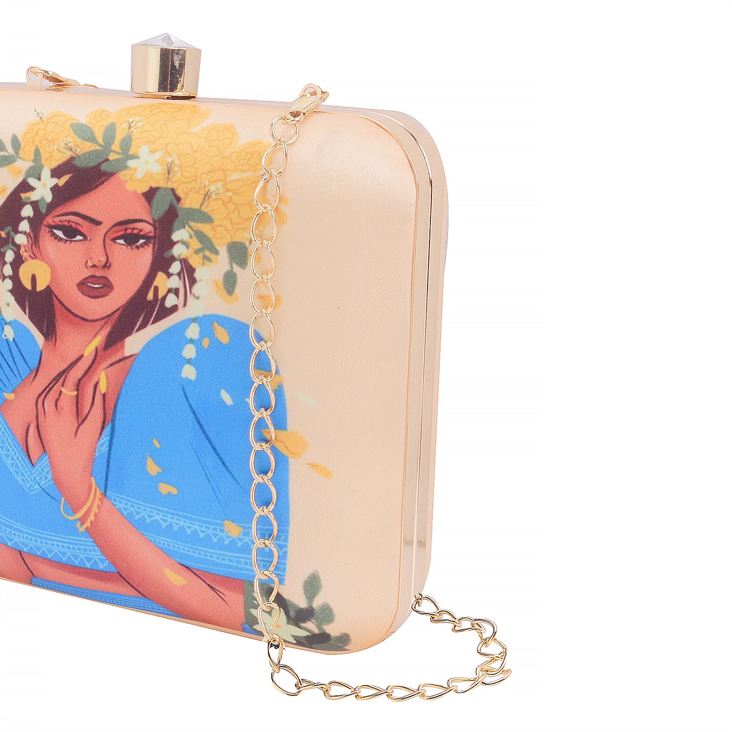 Stylish Girl Wear Saree With Had Of Flower Printed Designer Clutch