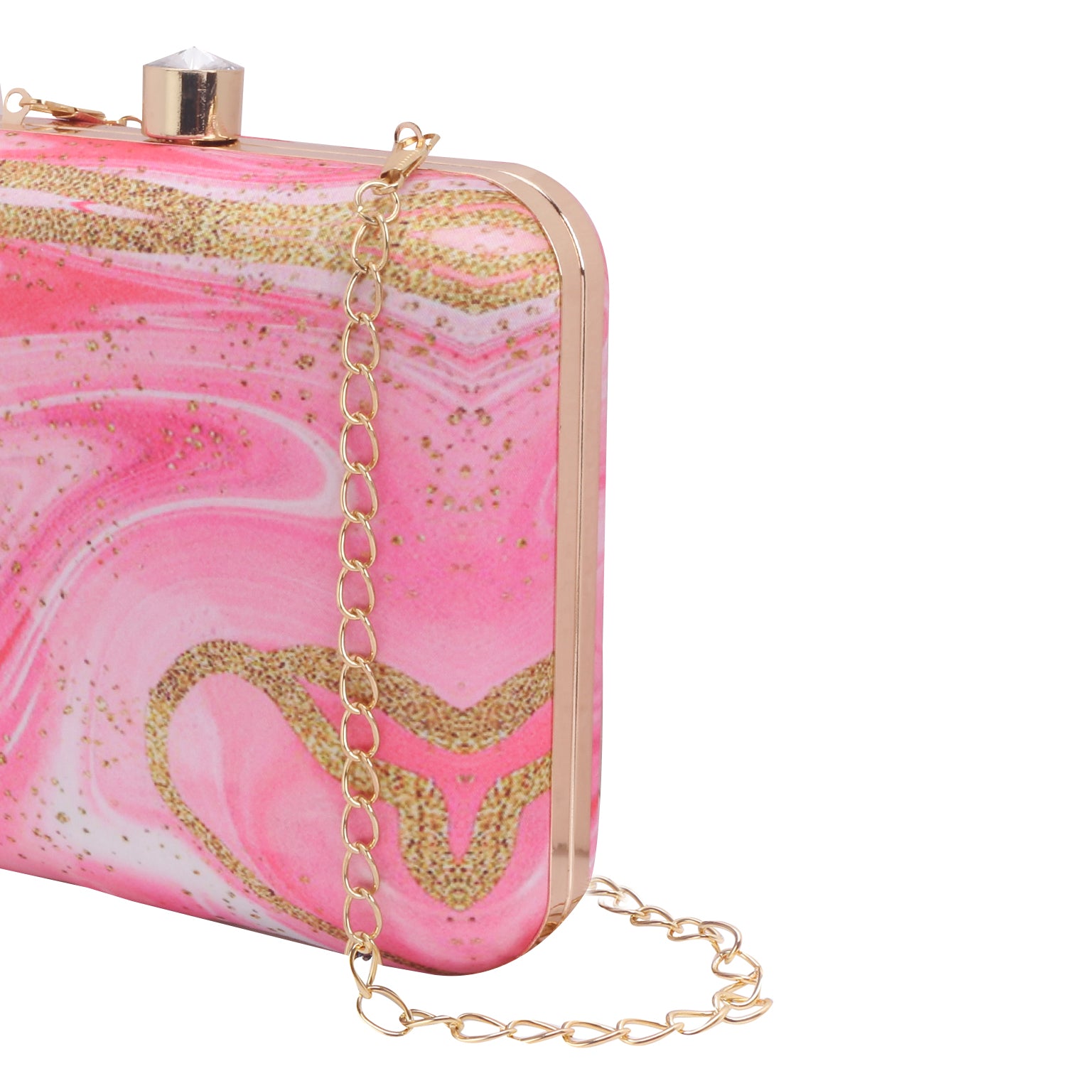 Abstract Printed Pink With Golden Glitter Design Box Clutch Bag