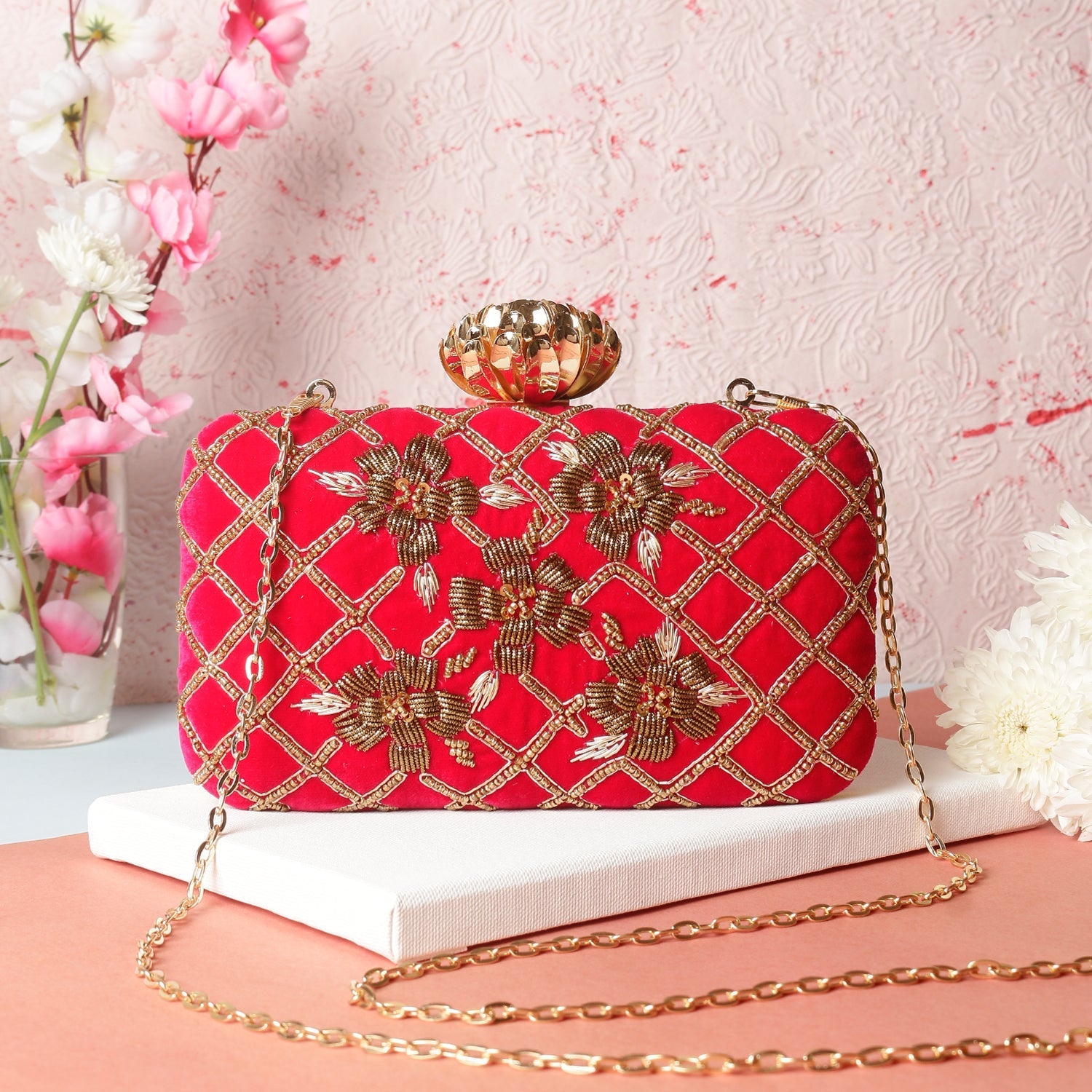 Embroidered Box Clutch For Casual Use