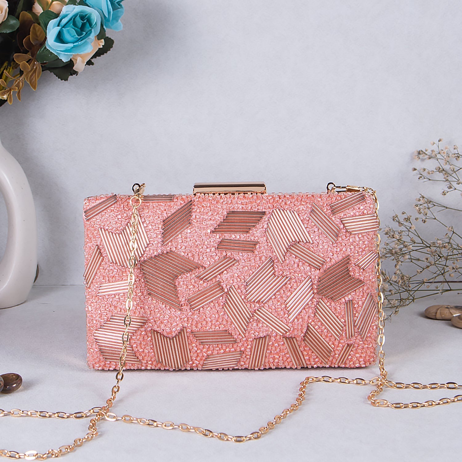 peach embroidered clutch