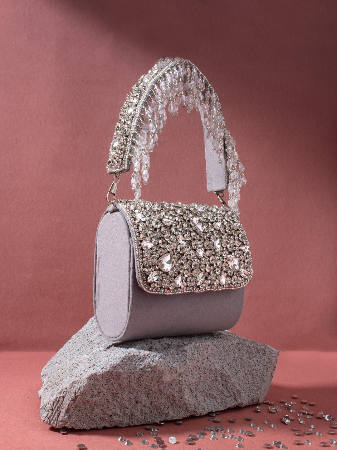 SWISNI GREY MINI CRYSTAL CLUTCH BAG