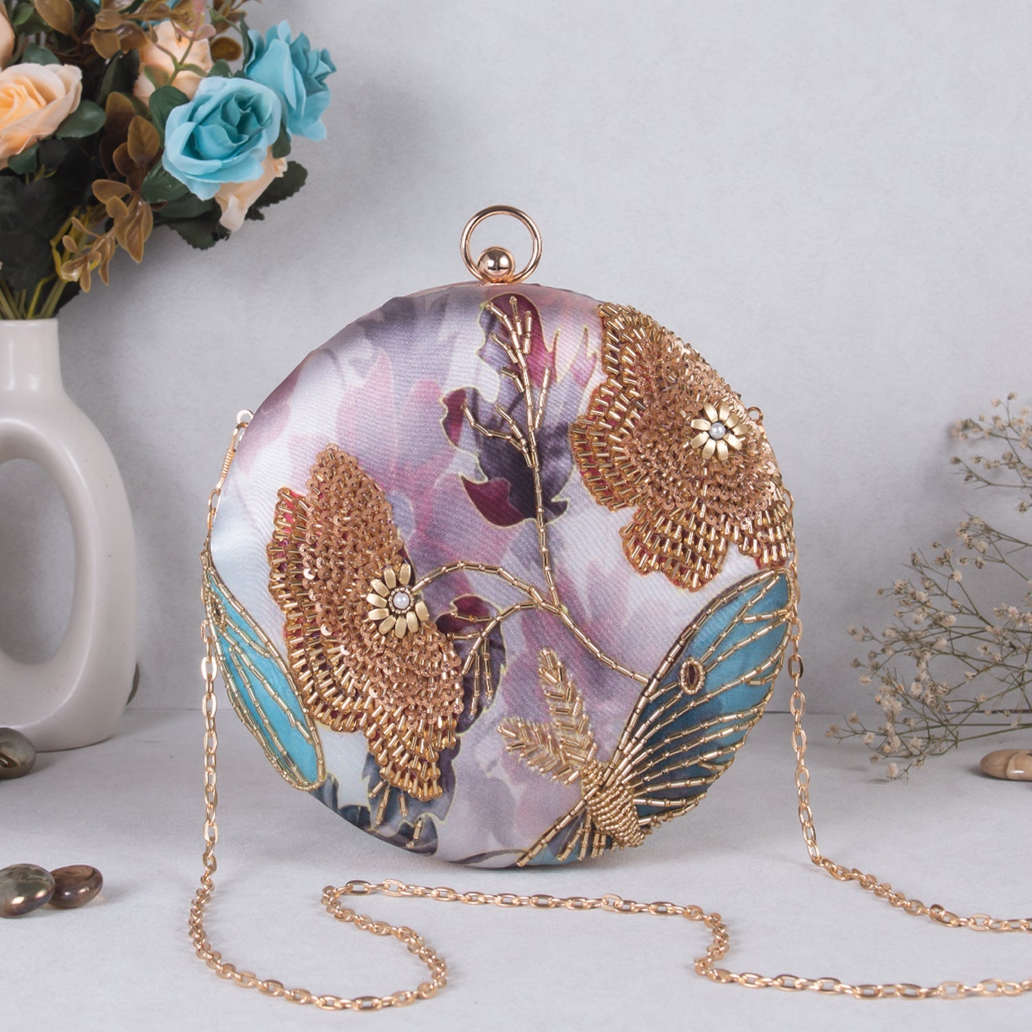 unique printed embroidered round clutch
