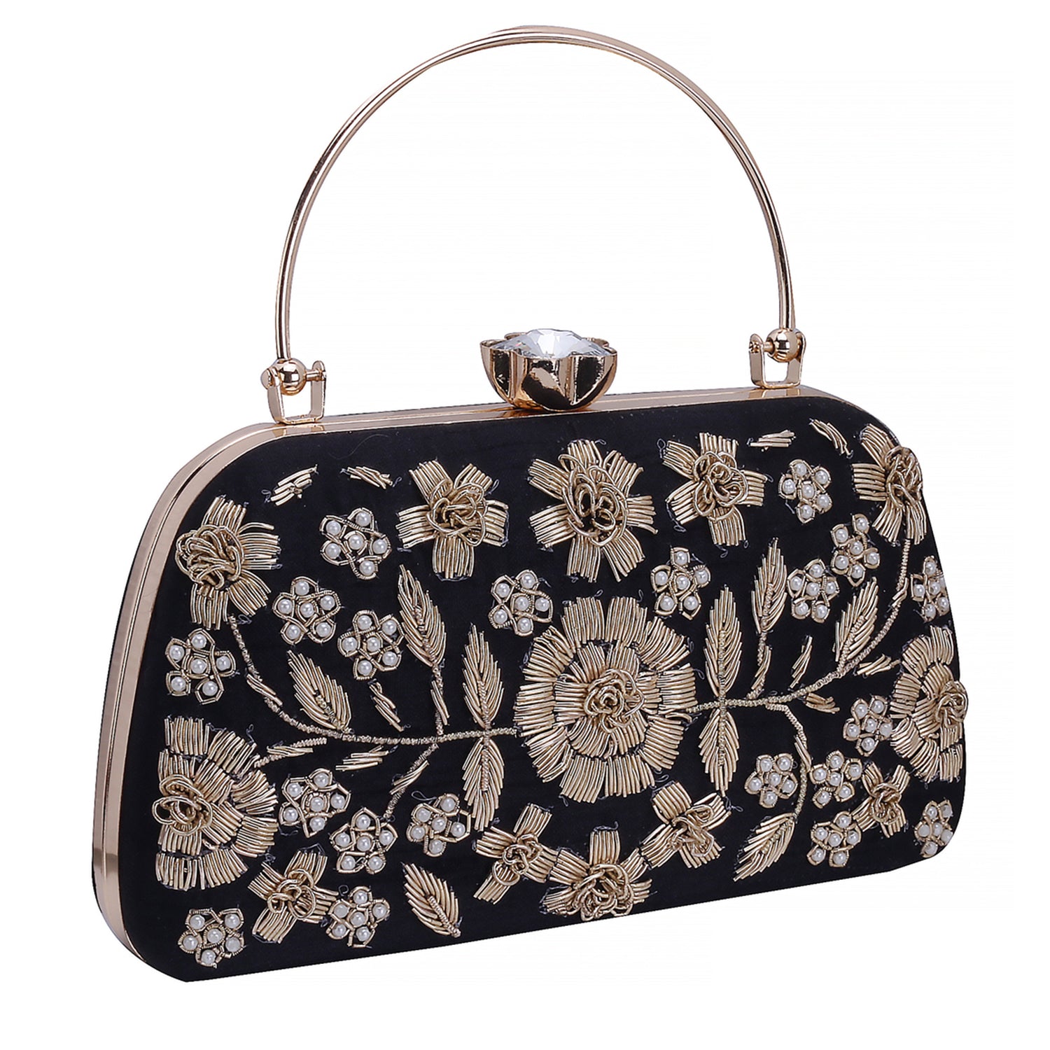 handmade black embroidered handle clutch bag