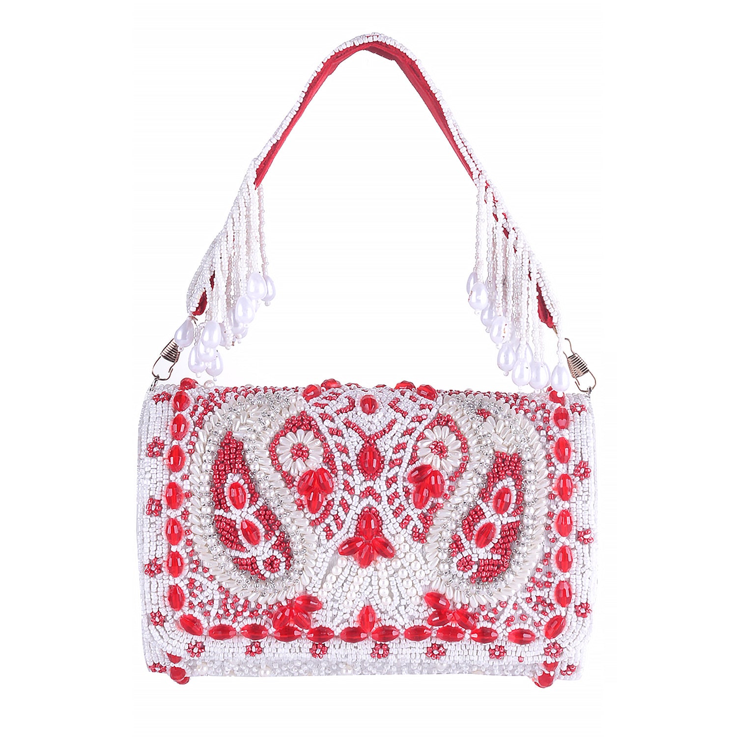 red & white tone embroidered flap clutch