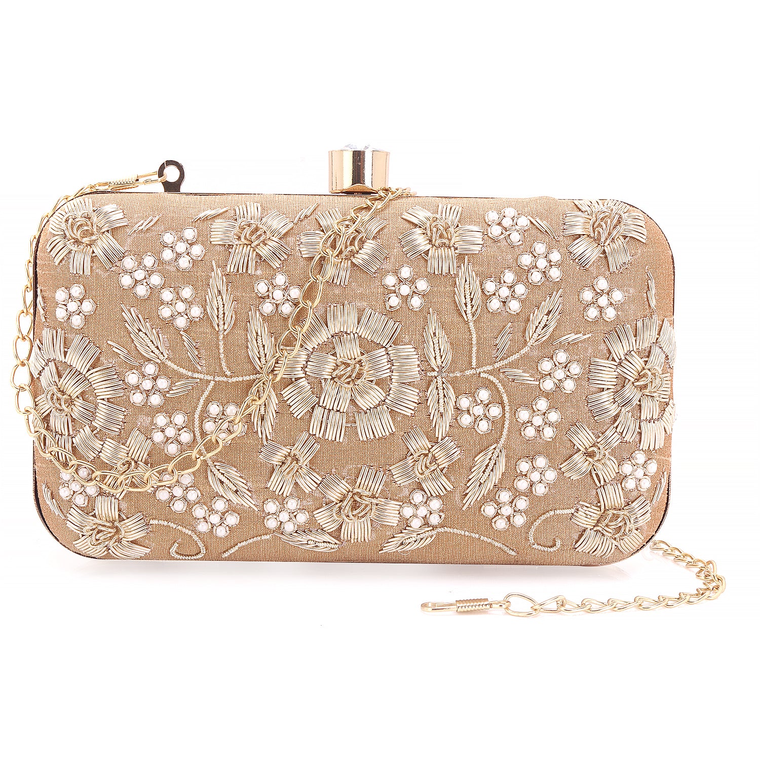 golden handmade embroidery rectungler clutch