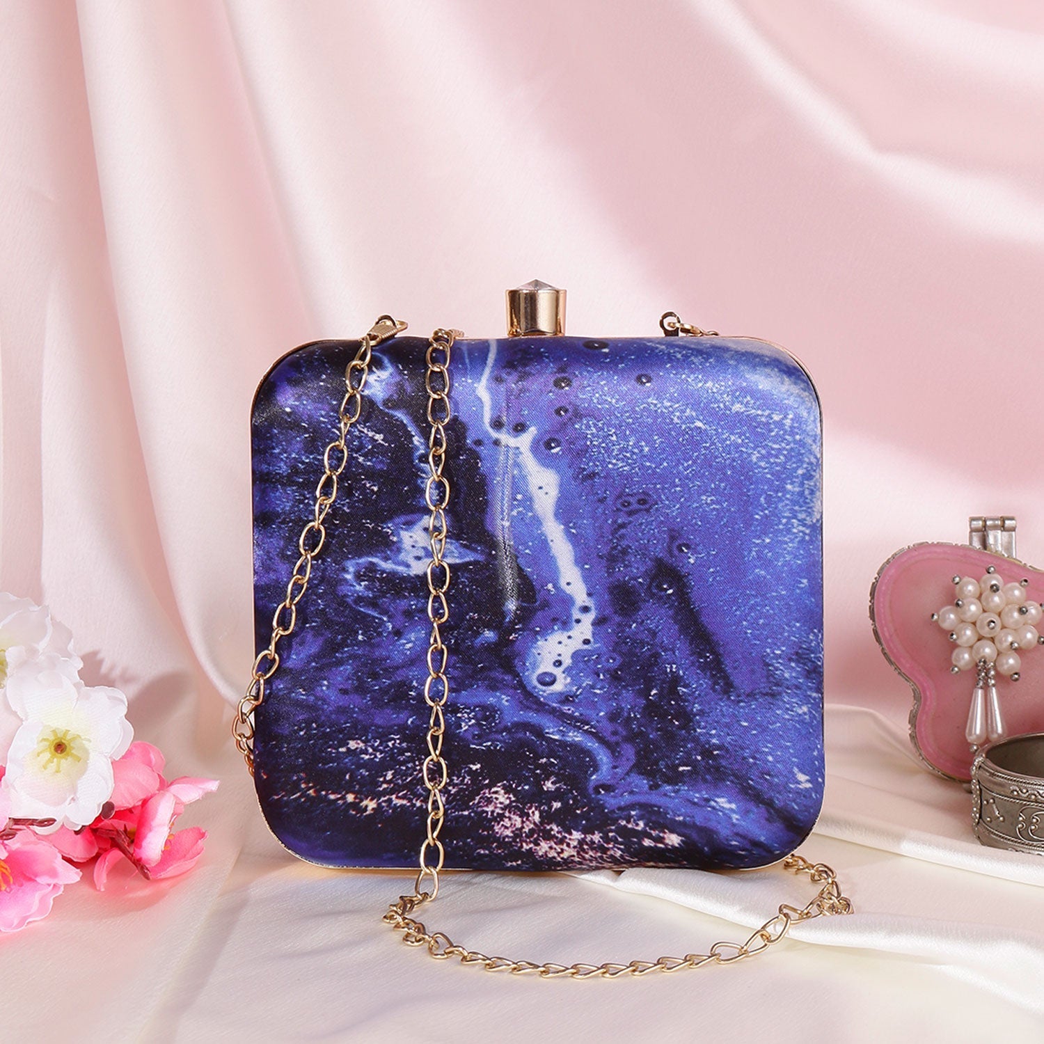 Acrylic Abstract Blue Square Box Clutch for Women & Girls