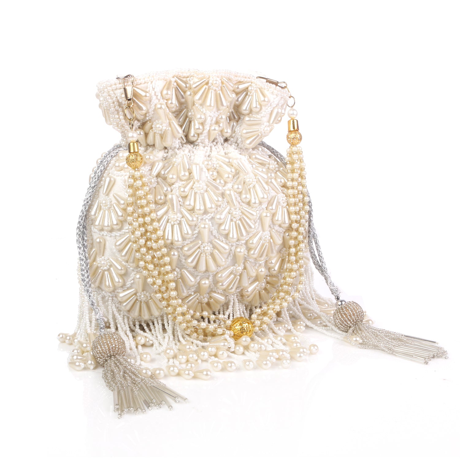 White Pearl Allover Embroidered Potli Bag For Wedding Party