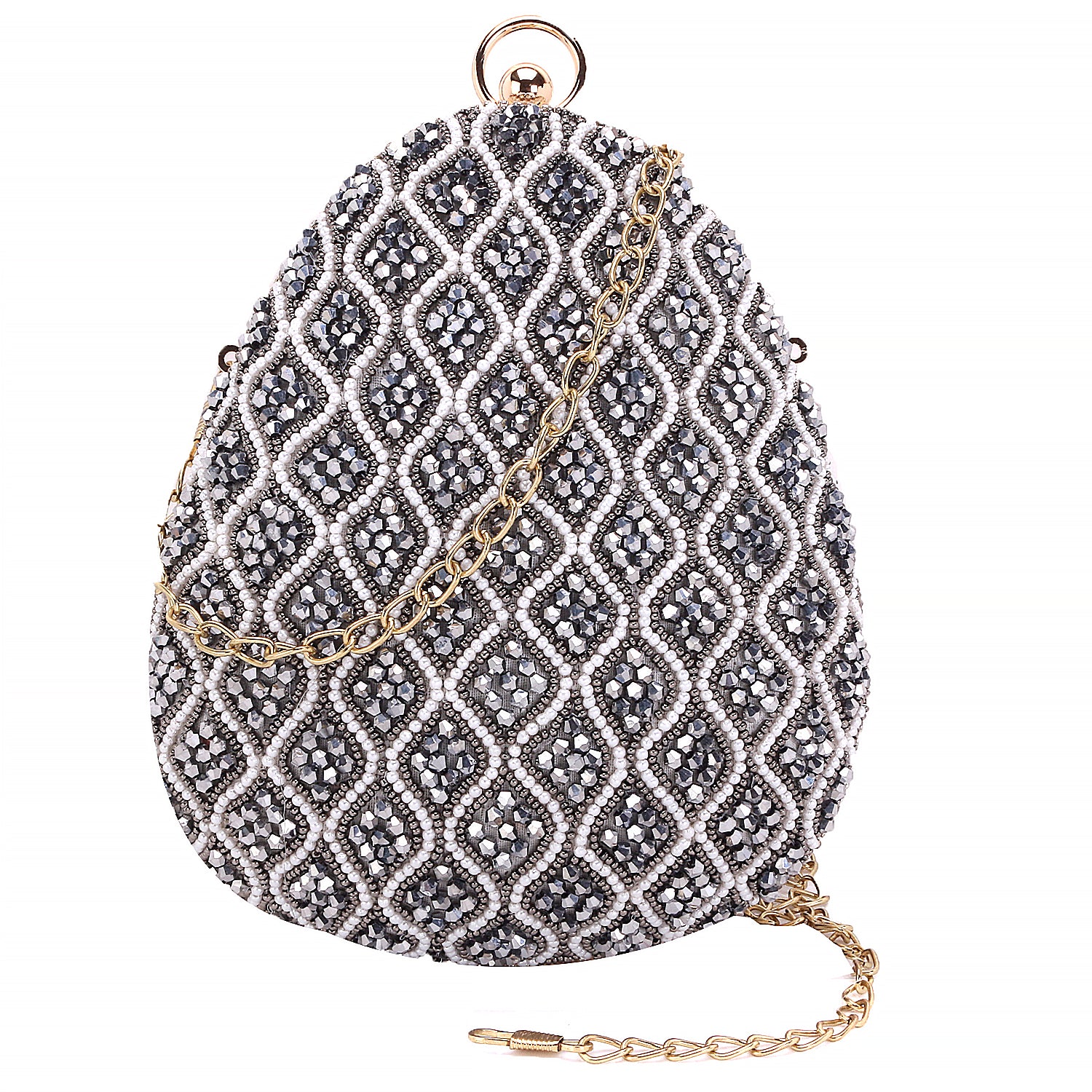 Elegant grey embroidered almond shape clutch
