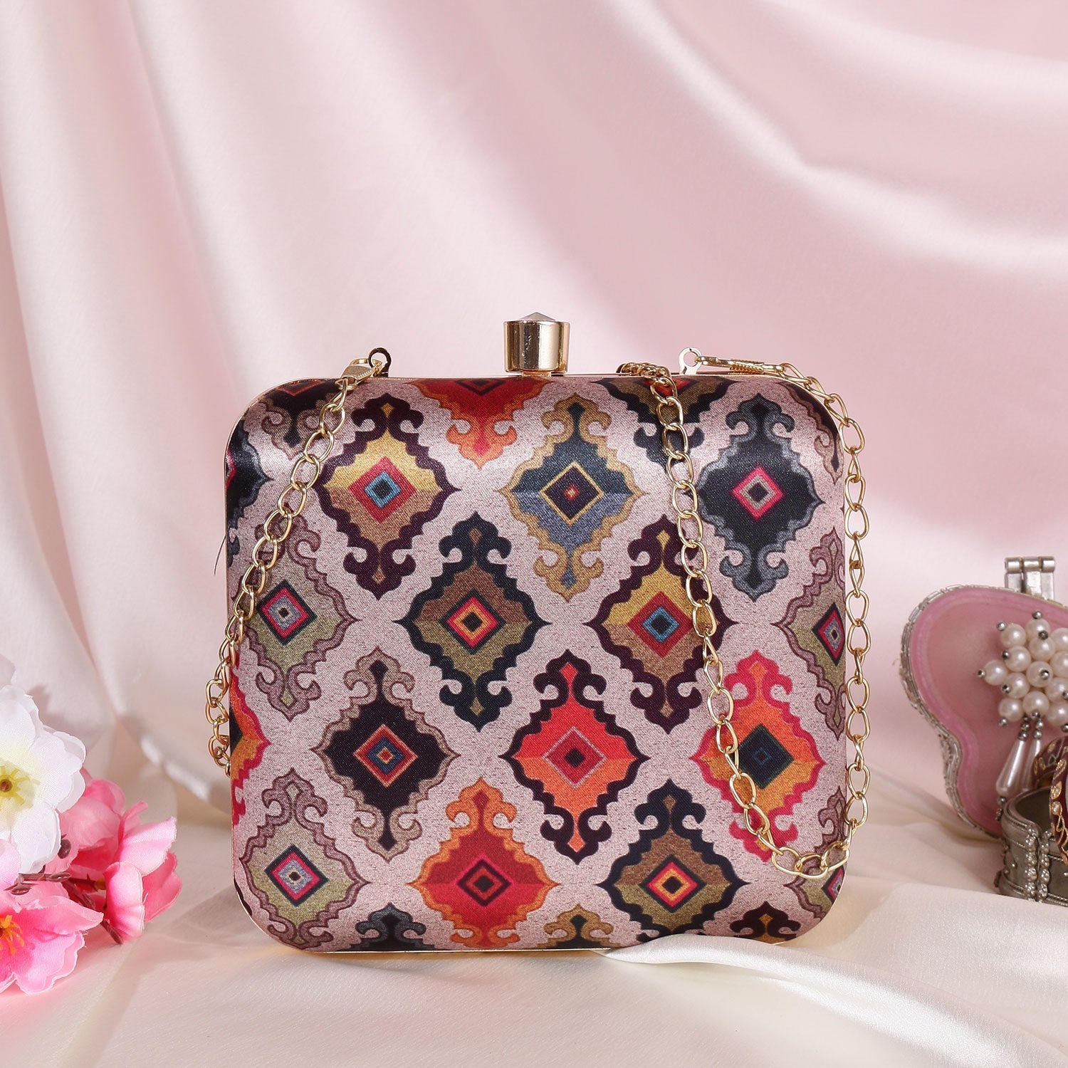 Tropical Satin Digital Print Sqaure Box Clutch for Women & Girls