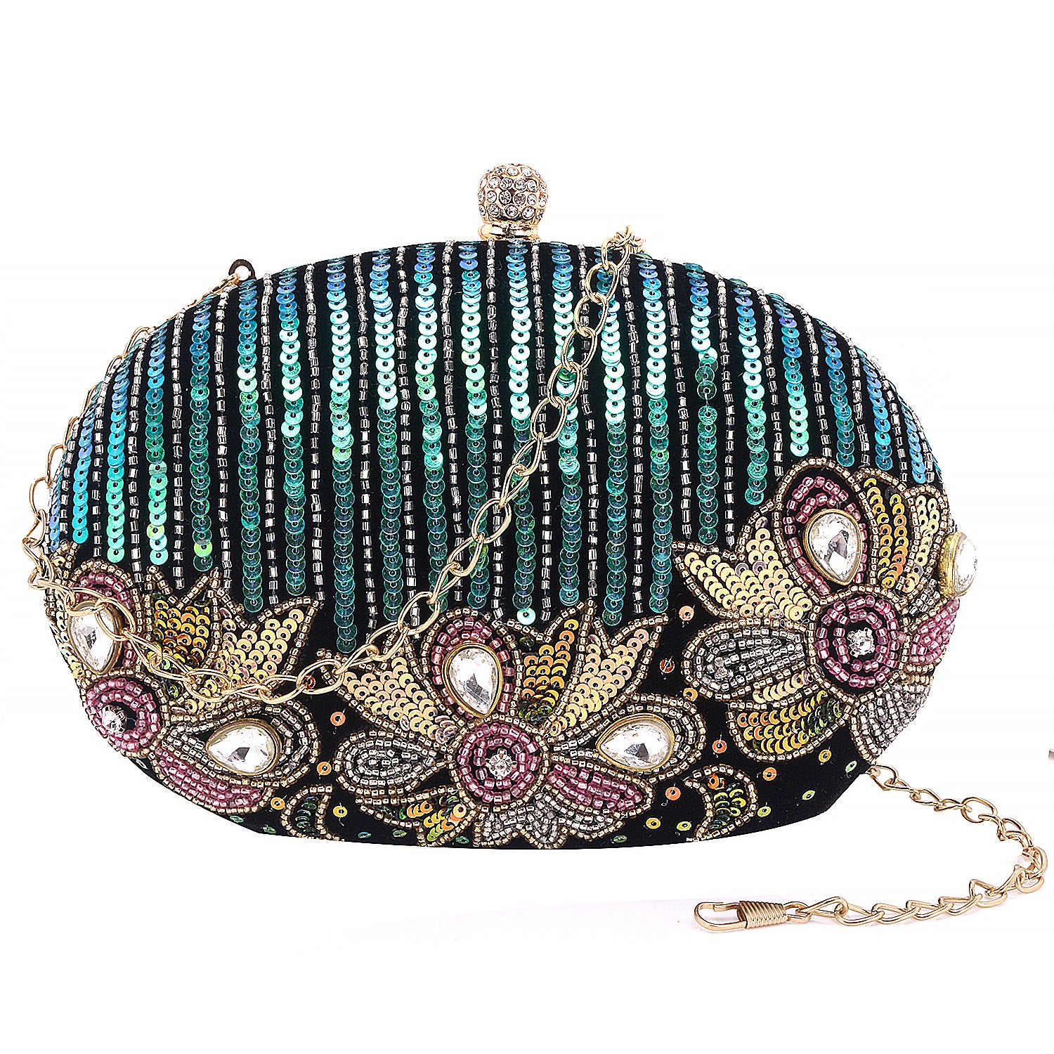 Reflected sequins oval embroidery clutch