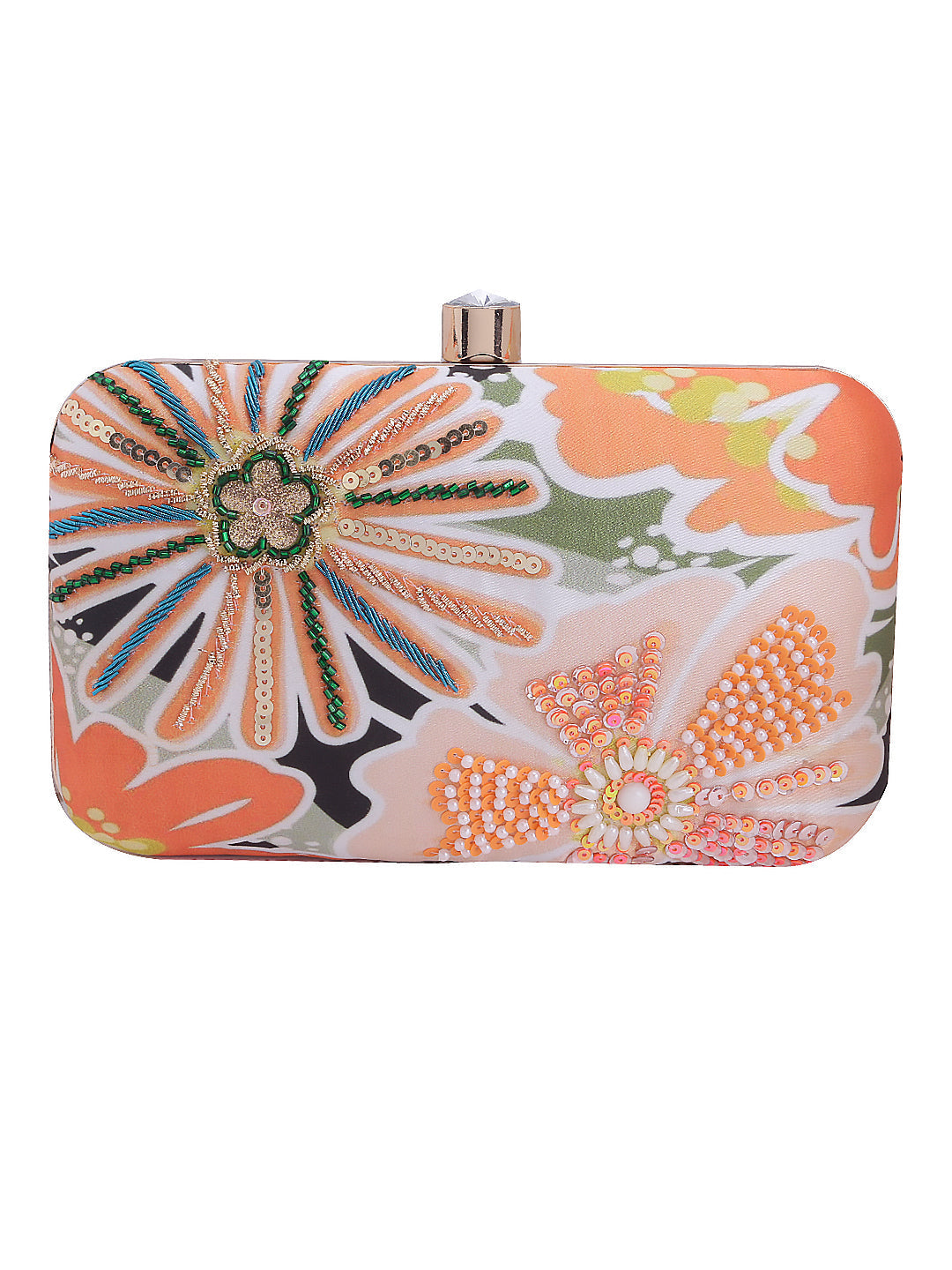 orange floral printed embridered clutch