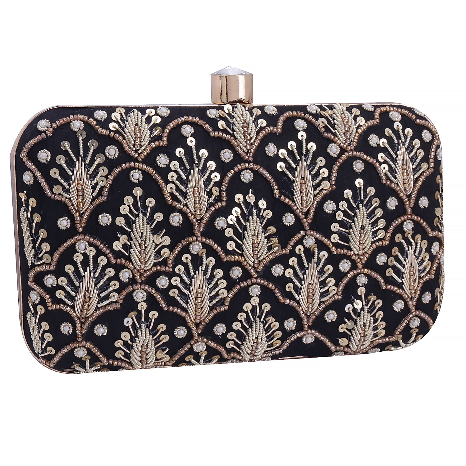 embroidered black clutch