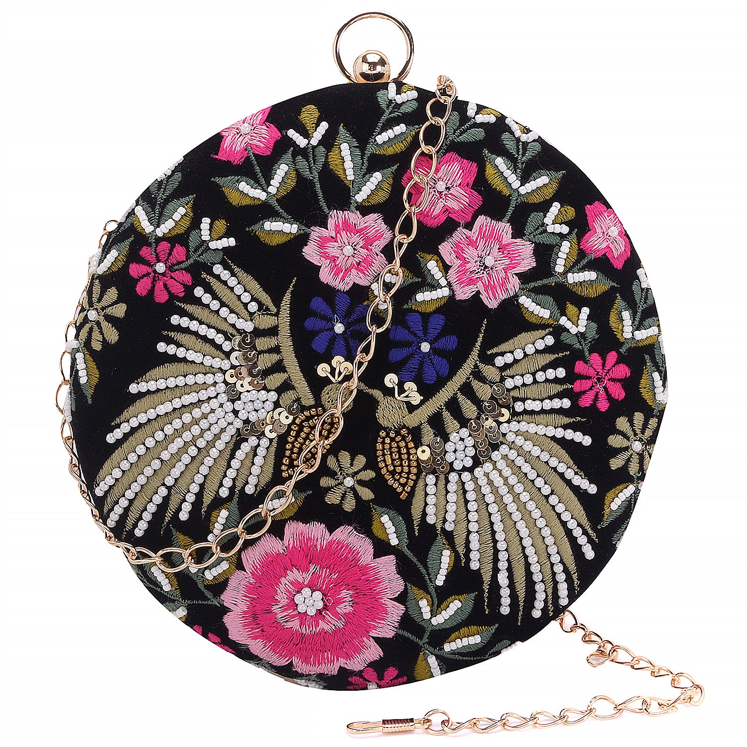 sparrow design embroidery round clutch
