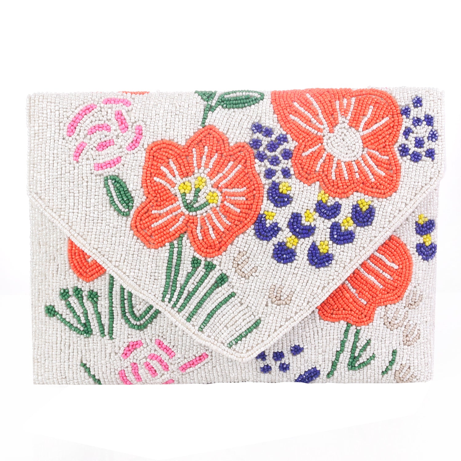 Handmade White And Orange Flower Beaded Boho Bag