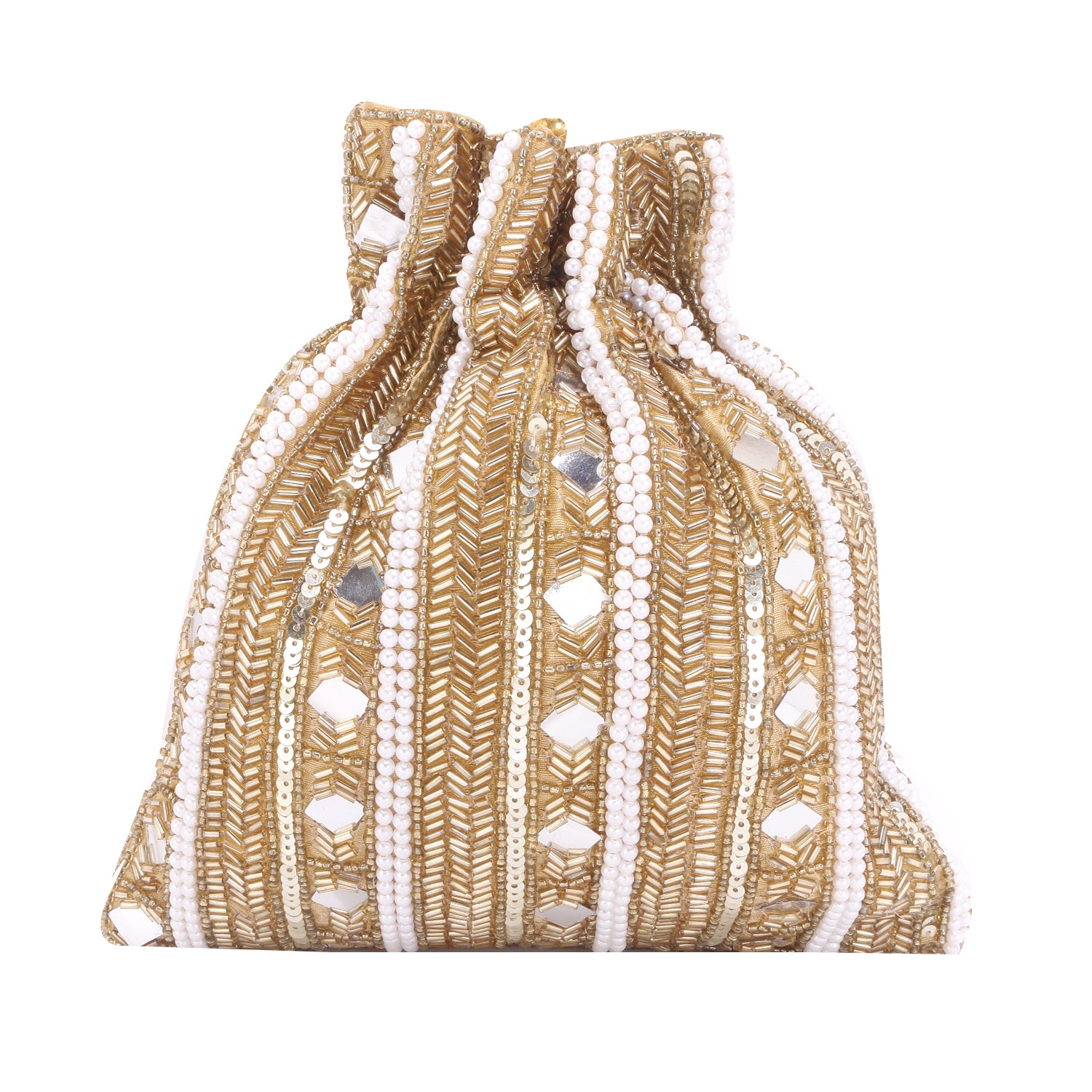 Golden mirror embroidered double side potli bag for bride
