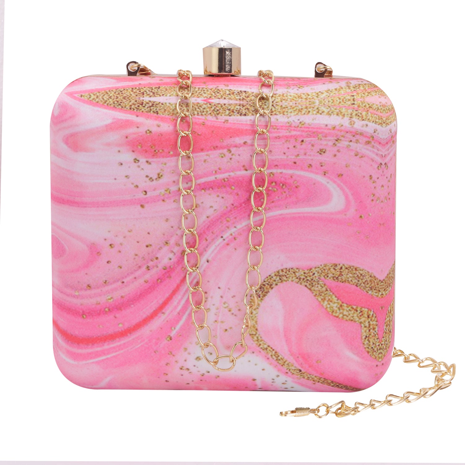 Abstract Printed Pink With Golden Glitter Design Box Clutch Bag