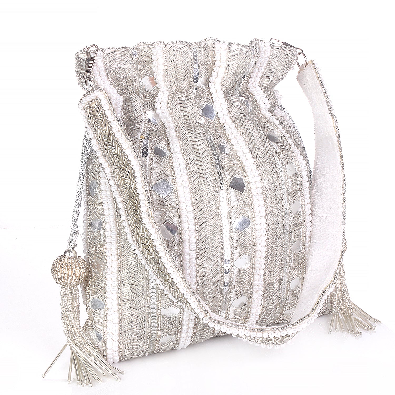 Silver Mirror Embroidery Allover Embroidered Potli