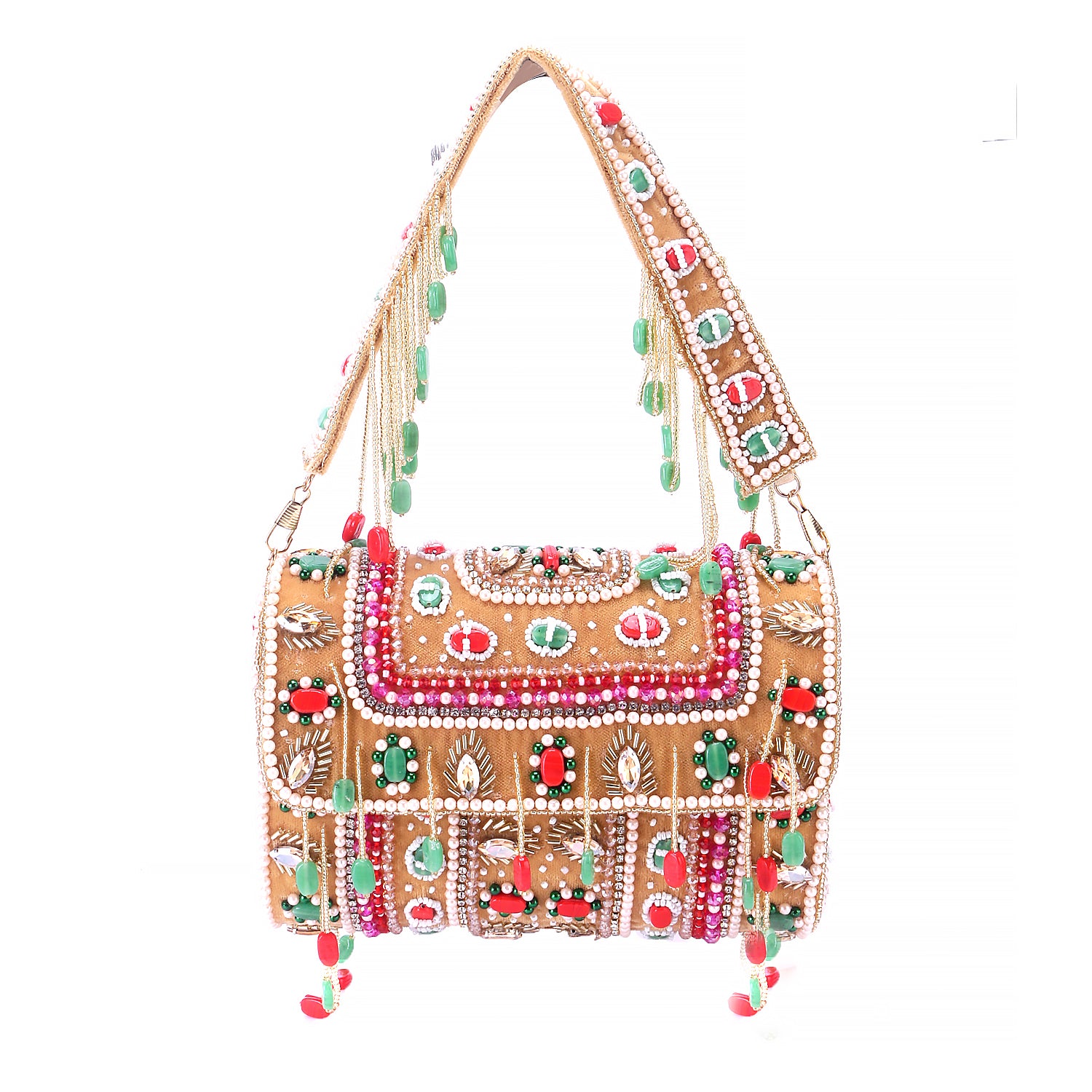 golden embellished flap clutch