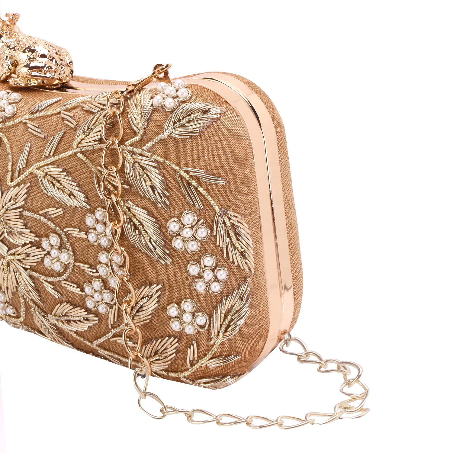 Golden embroidery frog knob clutch