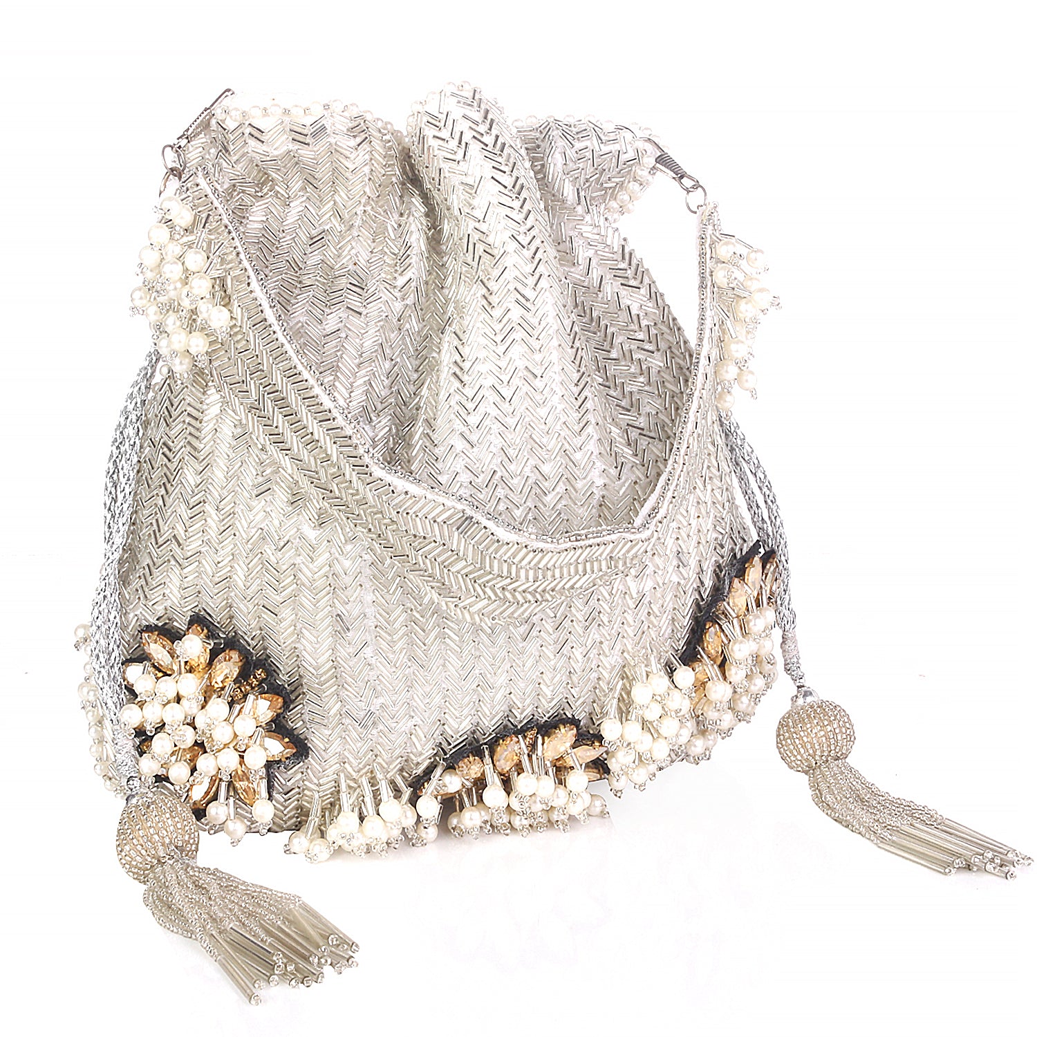 Elegant Silver With Flower Design Embellishment Potli