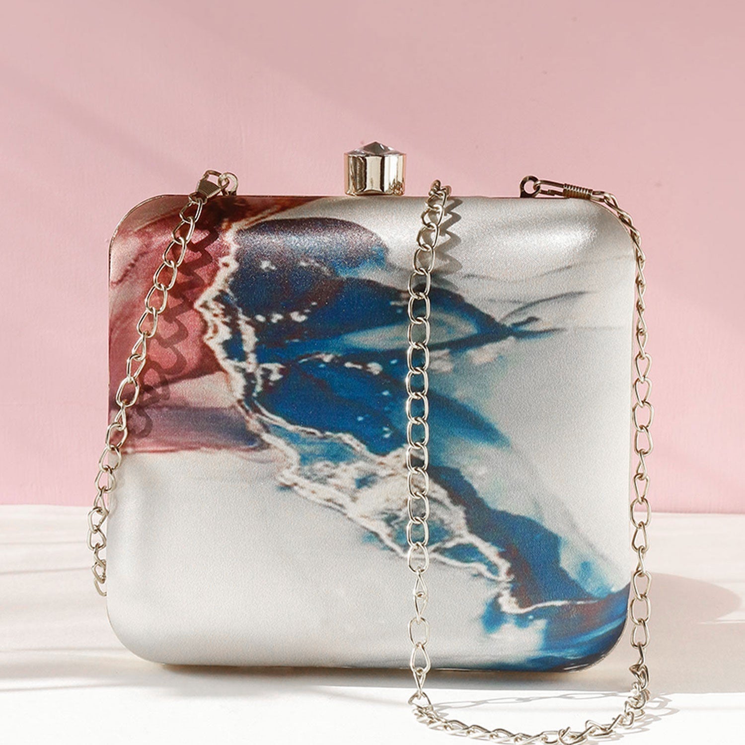 Abstract Satin Print Square Box Clutch for Women & Girls